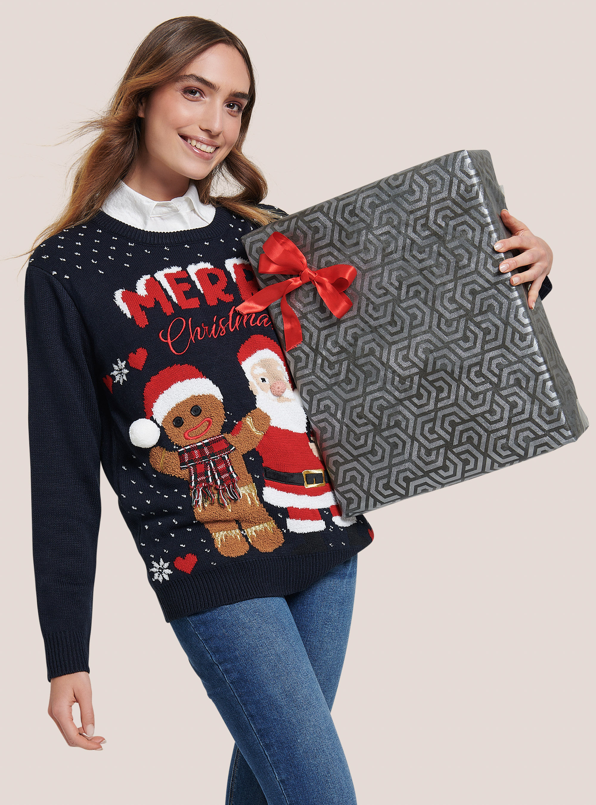 Christmas pullover with gingerbread man and Santa Claus, BLUE NAVY