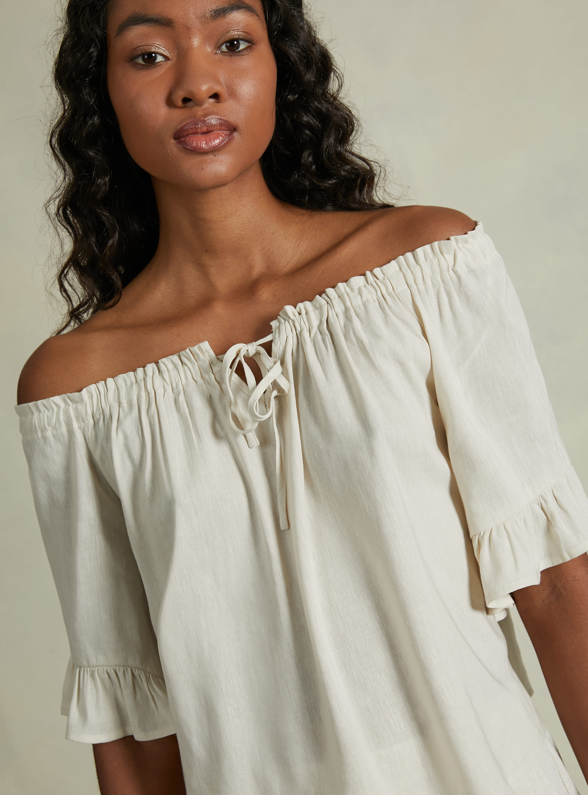 Linen blend blouse with bardot neckline, BG3 BEIGE LIGHT