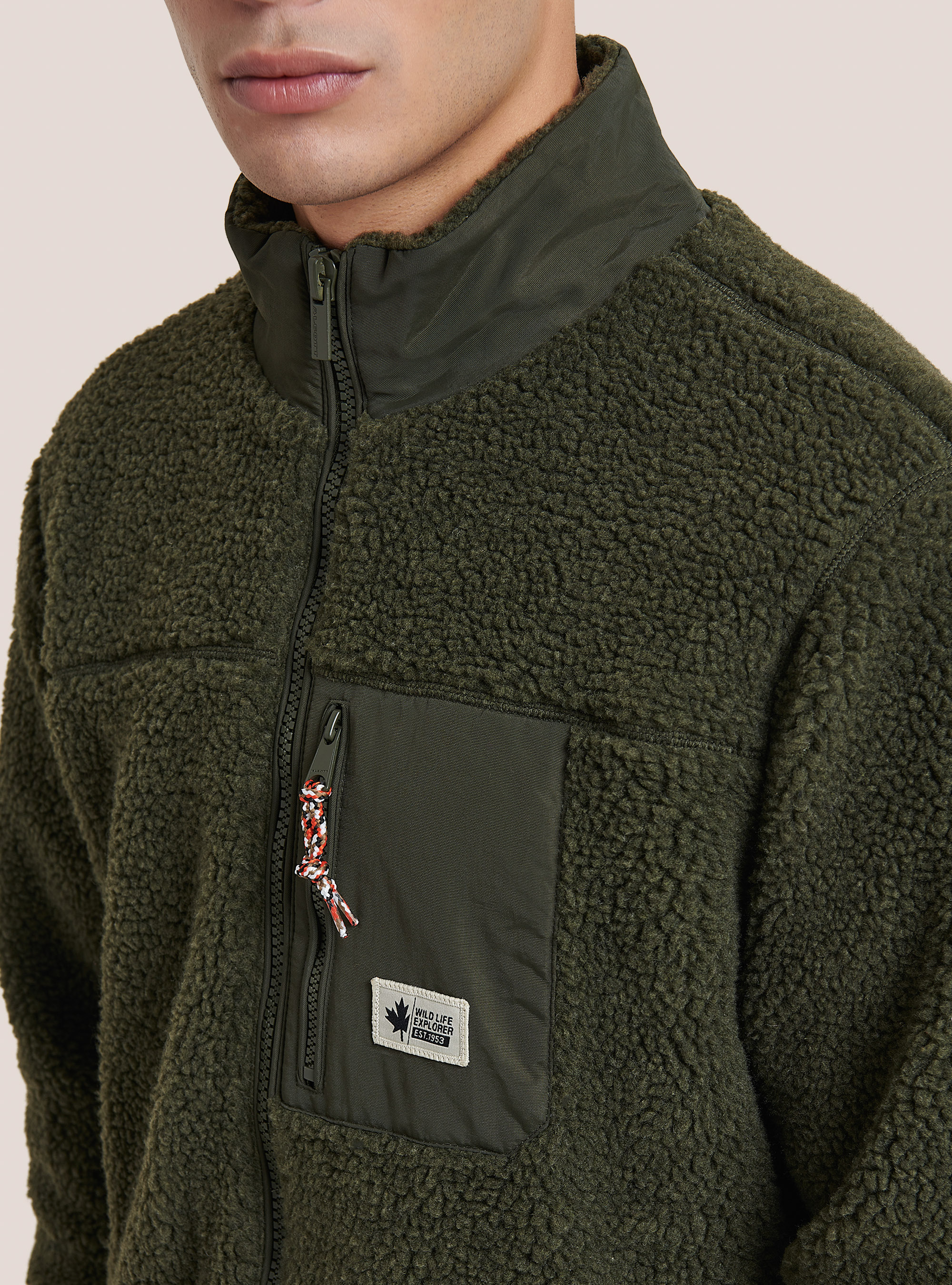 Patchwork teddy jacket, KAKI