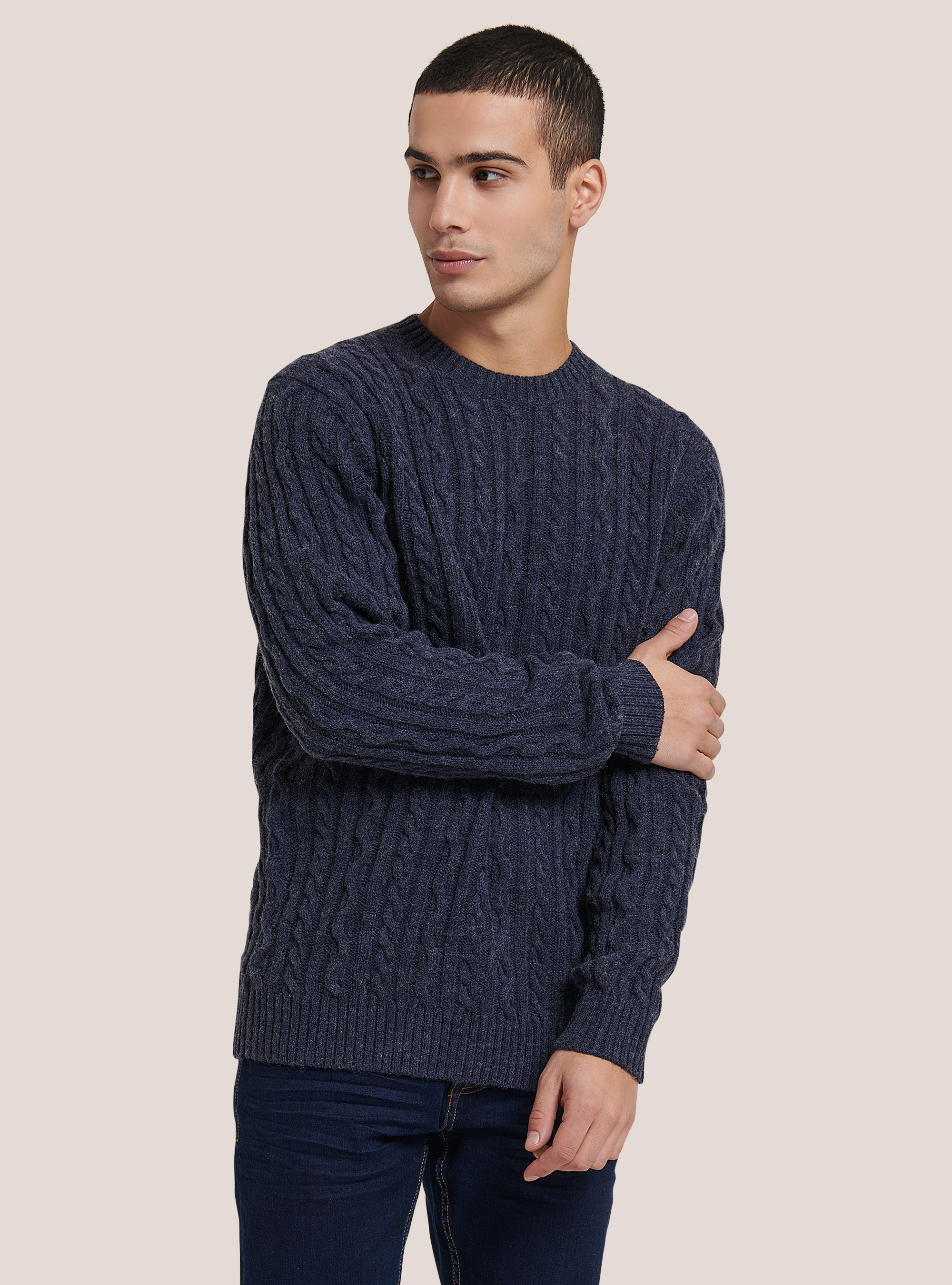 Pullover caldo con trecce, C0293 BLU MELANGE