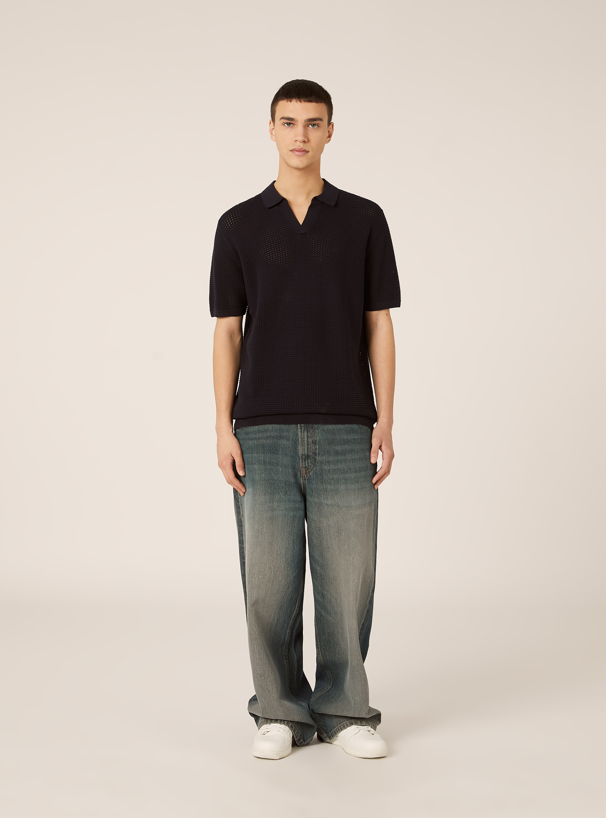 Polo-Shirt aus durchbrochenem Strick, NA2 NAVY MEDIUM