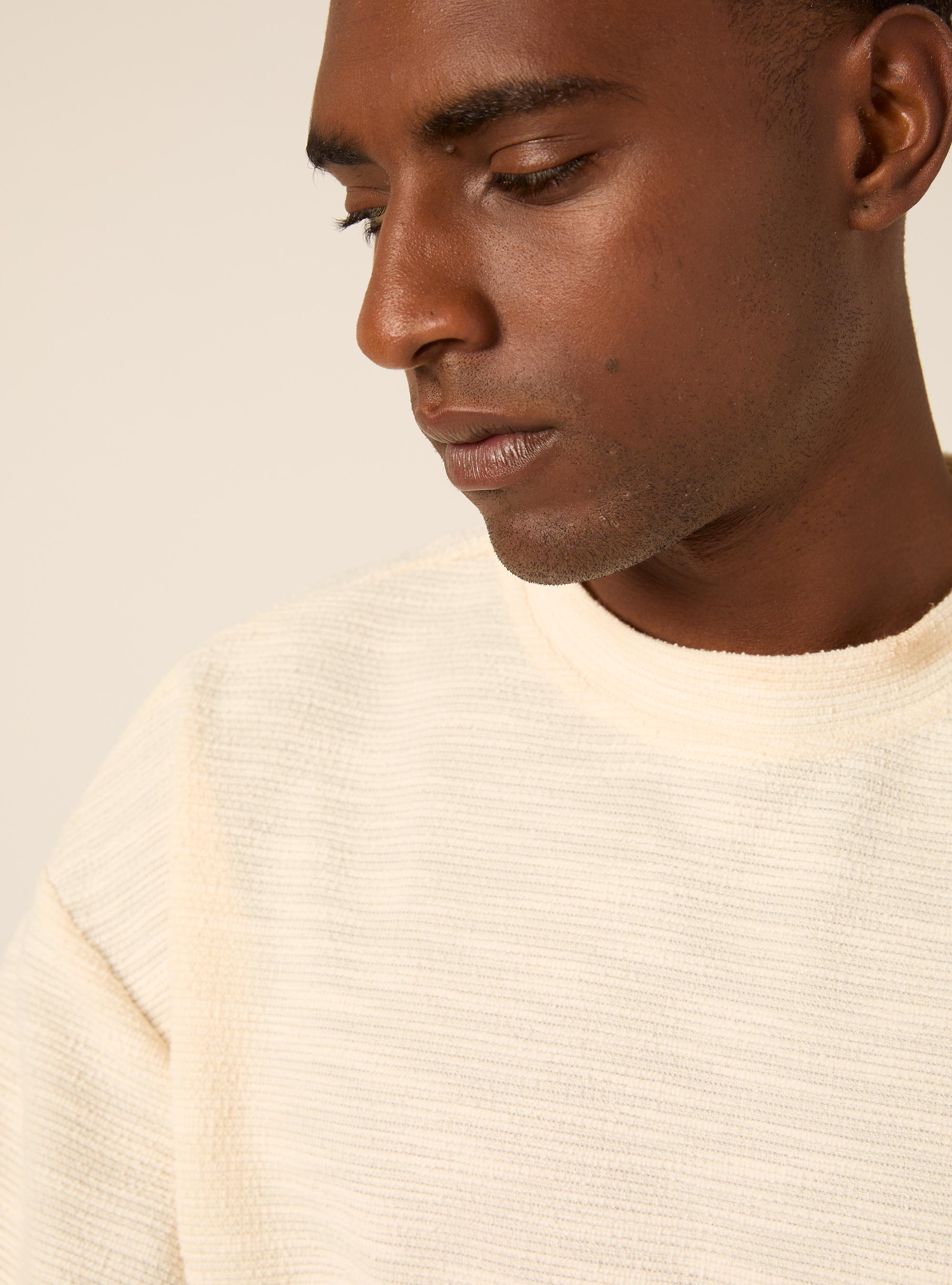 T-shirt in Misto Cotone con Texture, PANNA