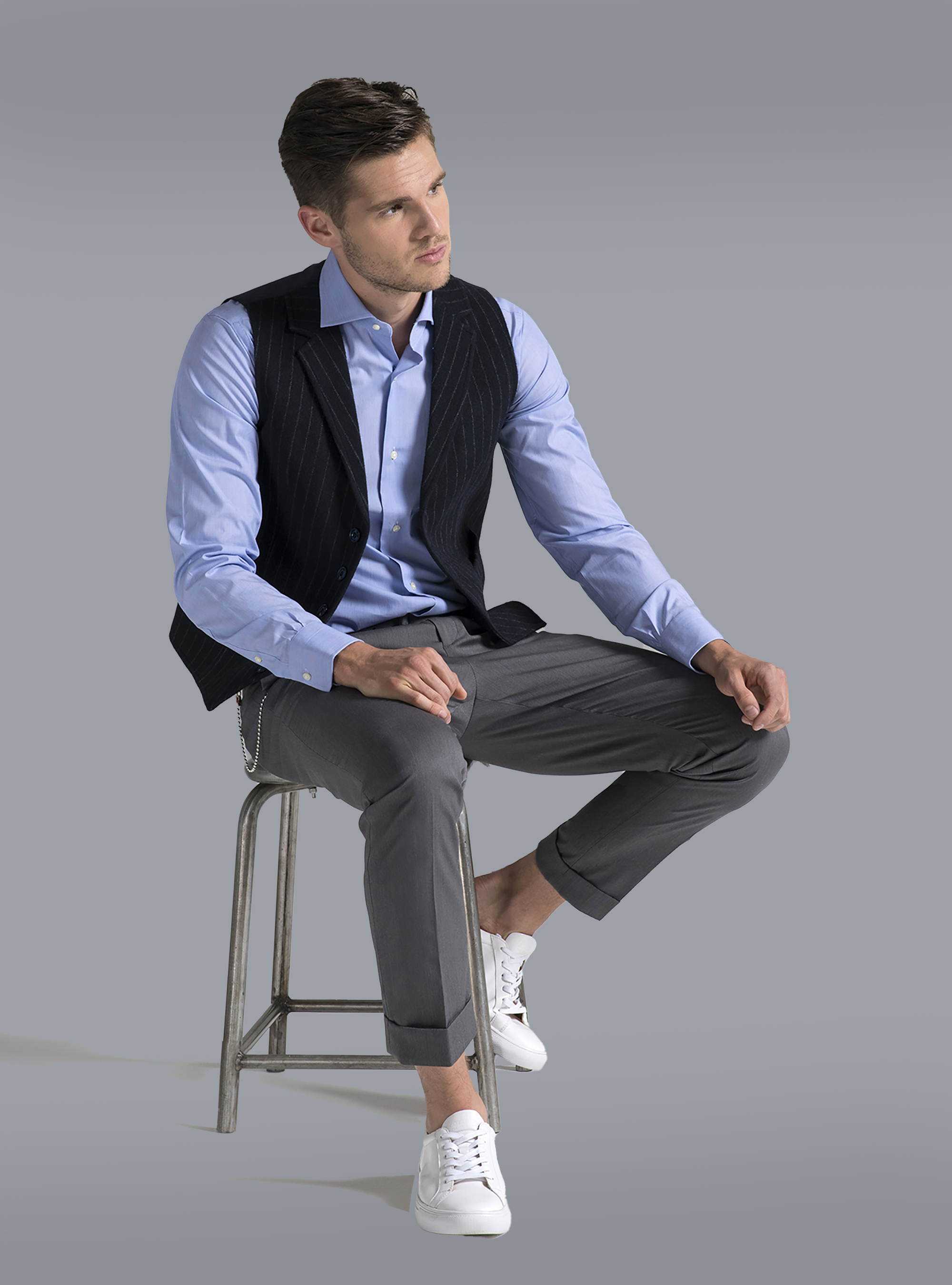 Gilet monopetto gessato, BLUE NAVY