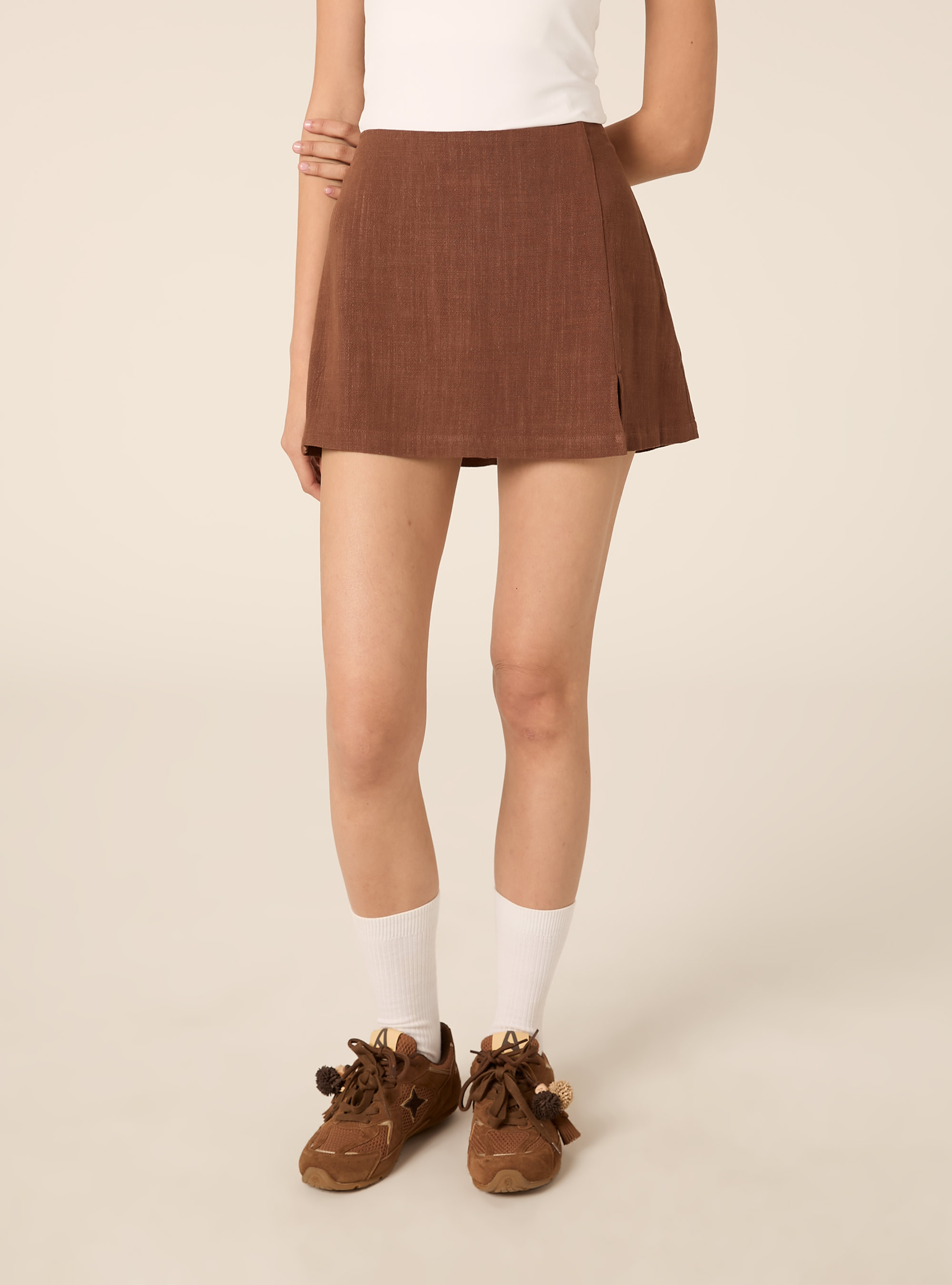 Skort in misto lino, BR3 BROWN LIGHT