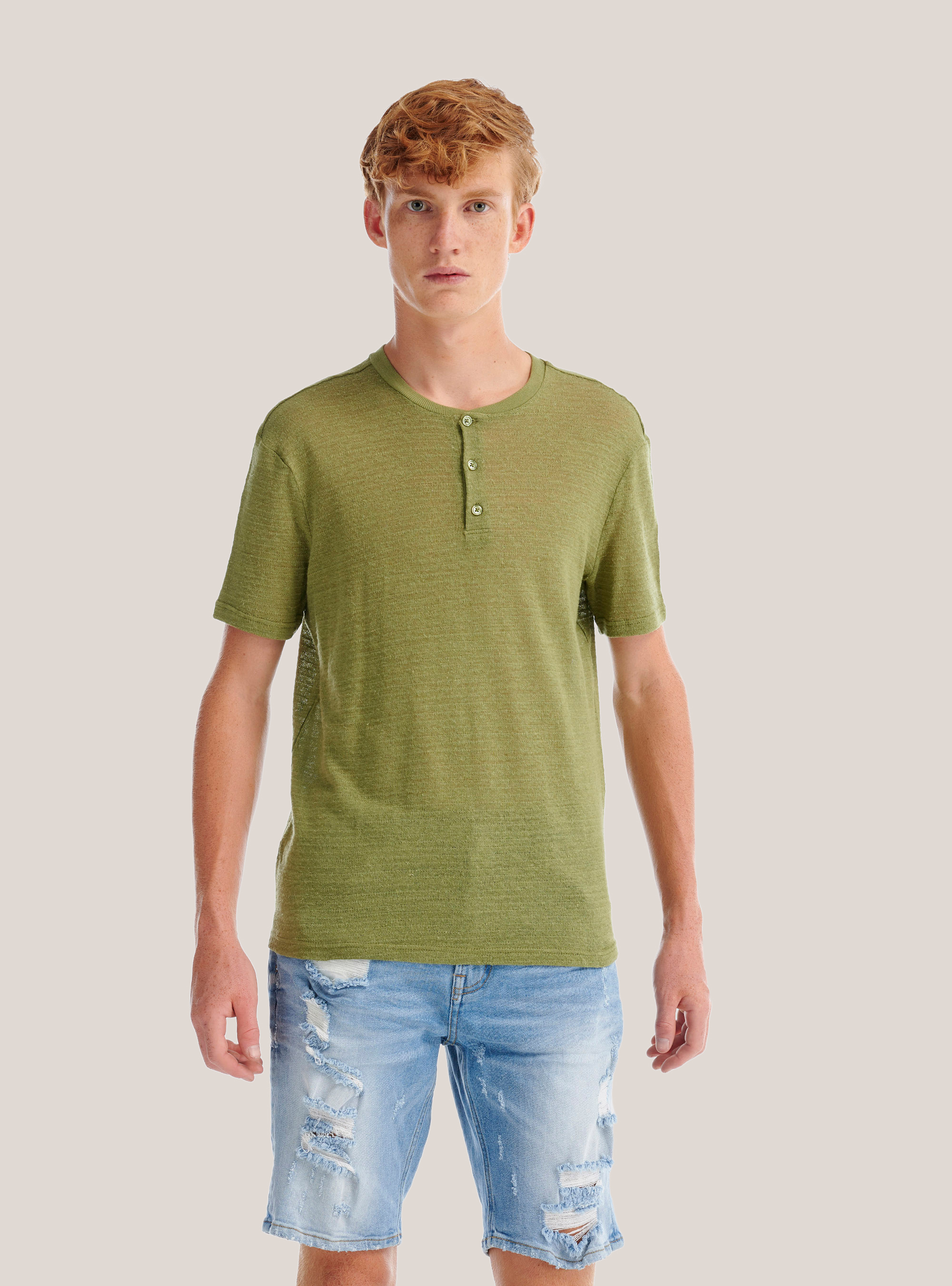 Maglietta serafino in misto lino, C0606 KAKY