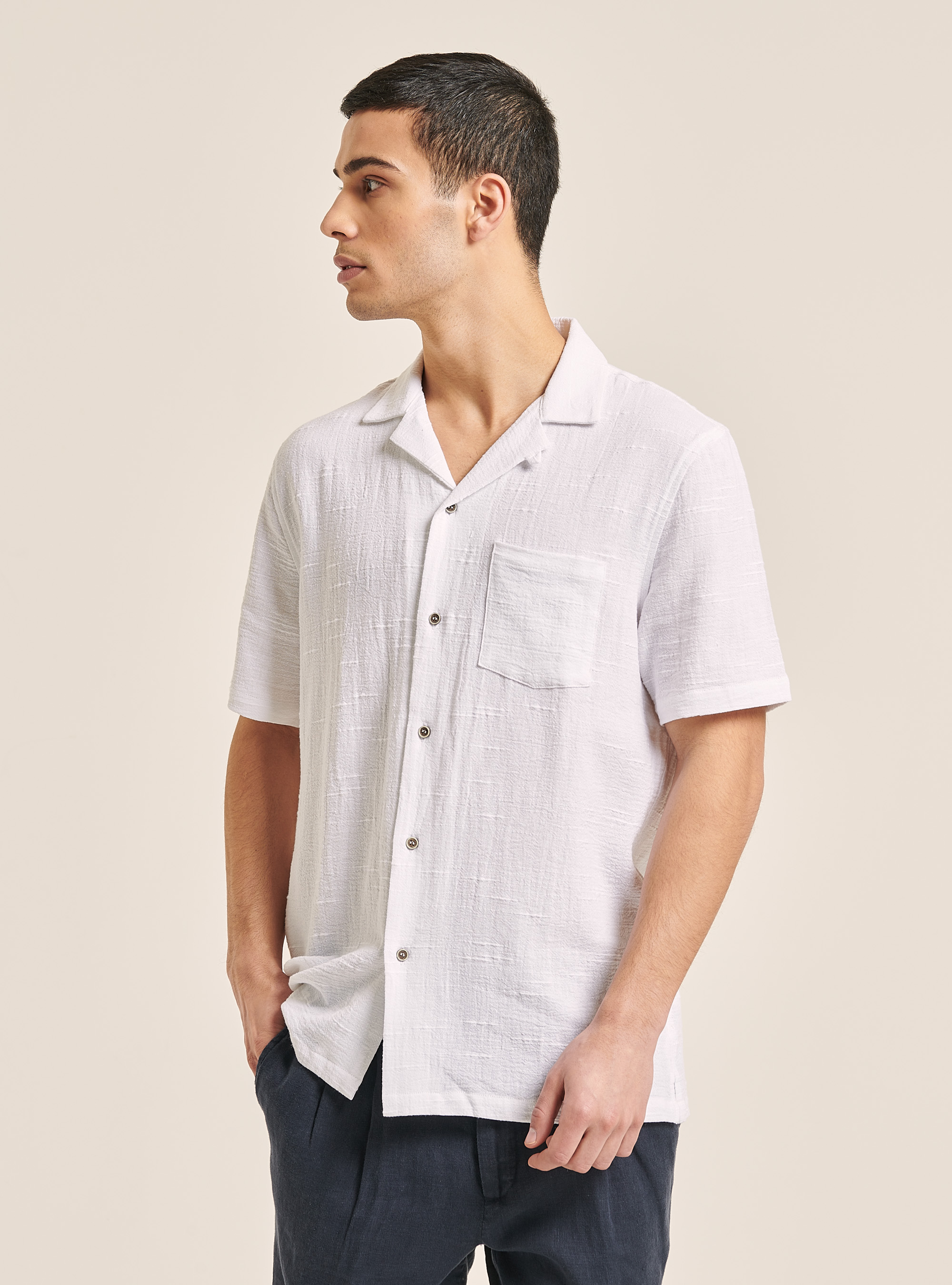 Camicia collo bowling  in misto con taschino, WH1 OFF WHITE