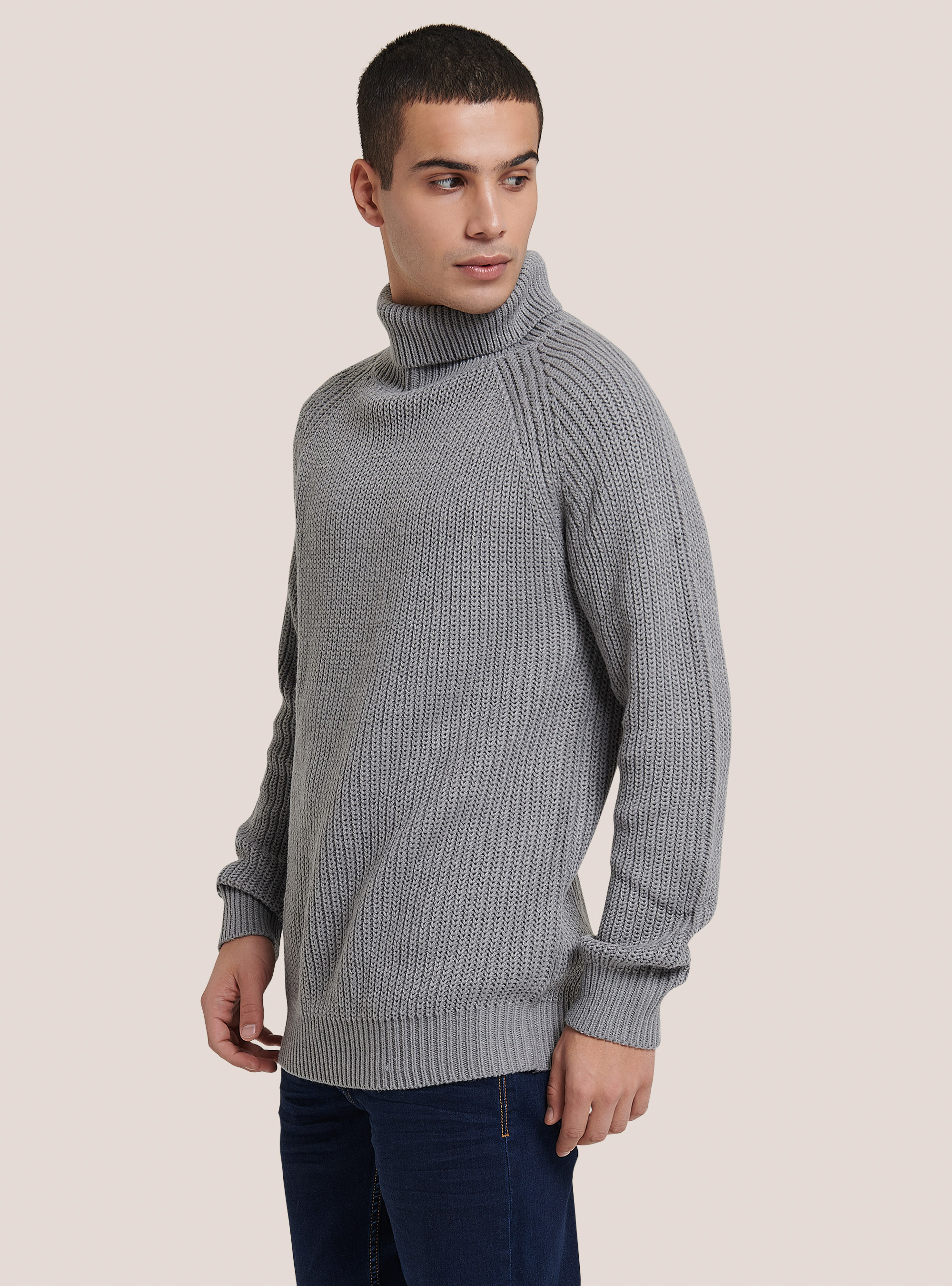 Pullover caldo collo alto a coste inglesi, MGY3 GREY MEL LIGHT