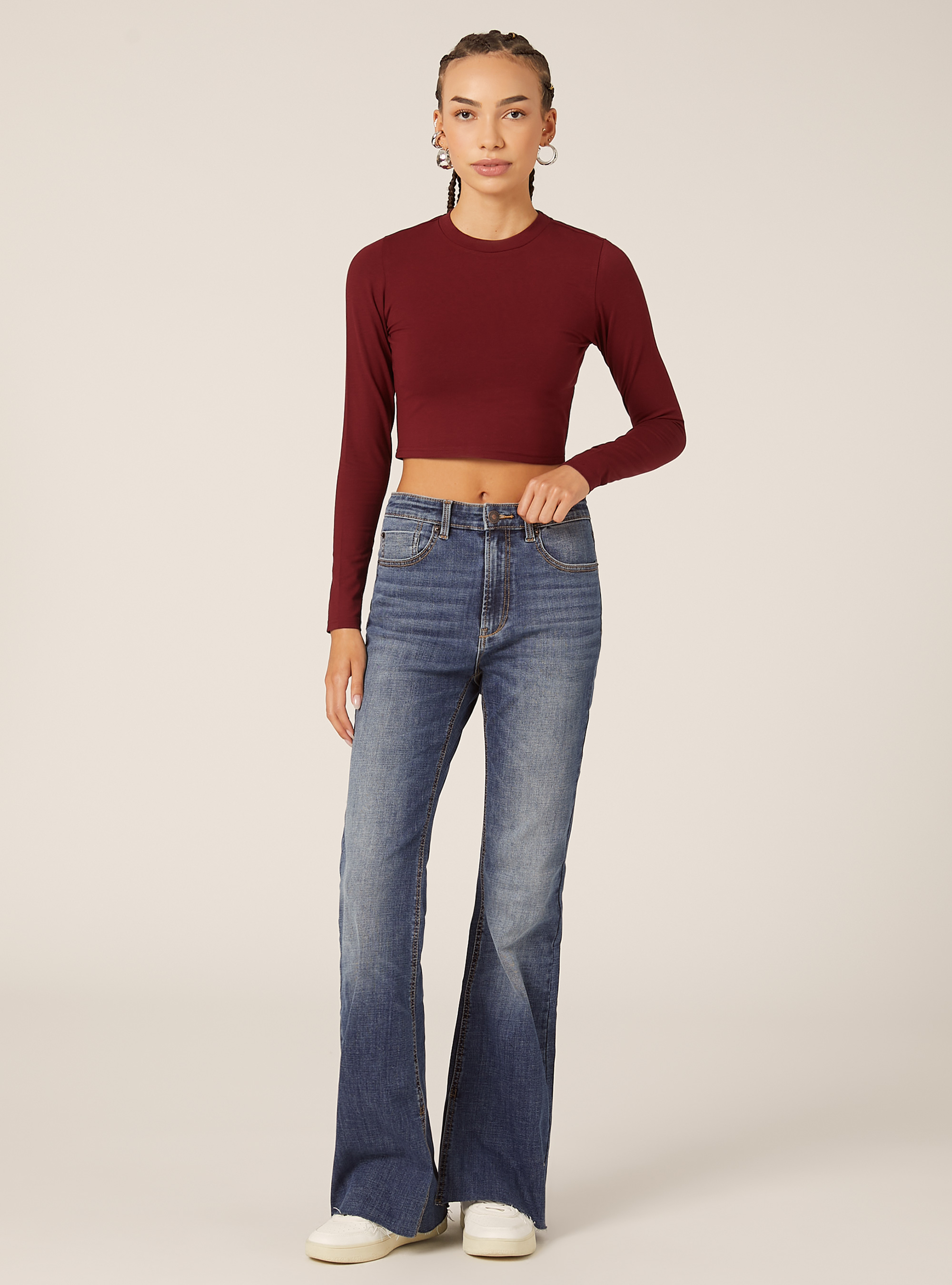 Maglietta cropped a maniche lunghe, BO1 BORDEAUX DARK