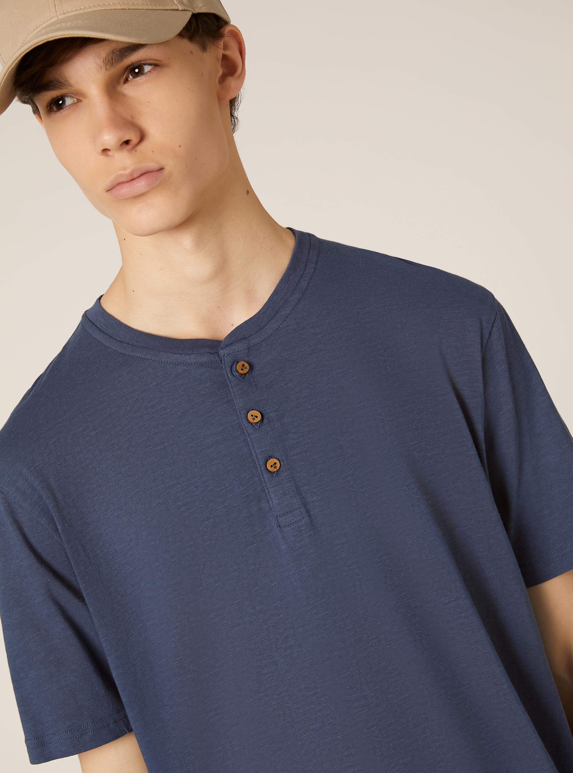 Maglietta serafino in cotone, BL2 BLUE MEDIUM