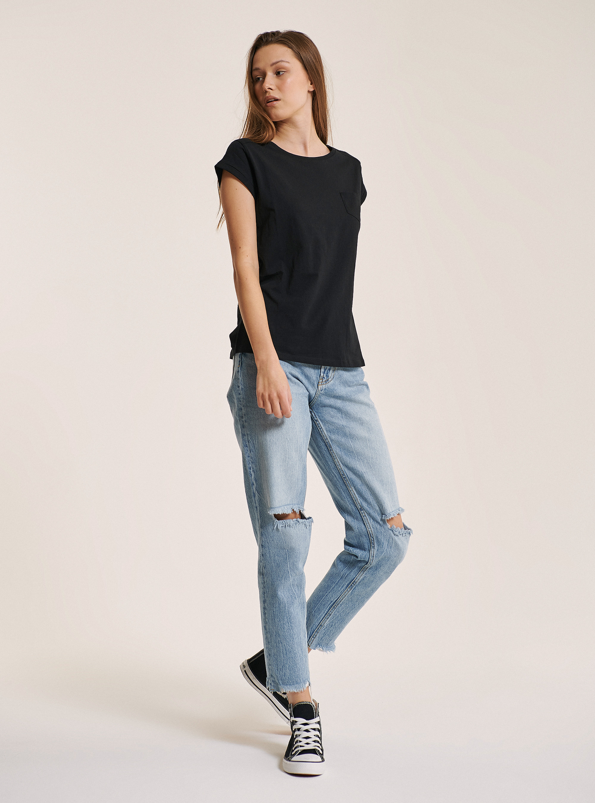 Unverzichtbares Baumwoll-T-Shirt mit Brusttasche, C101 BLACK