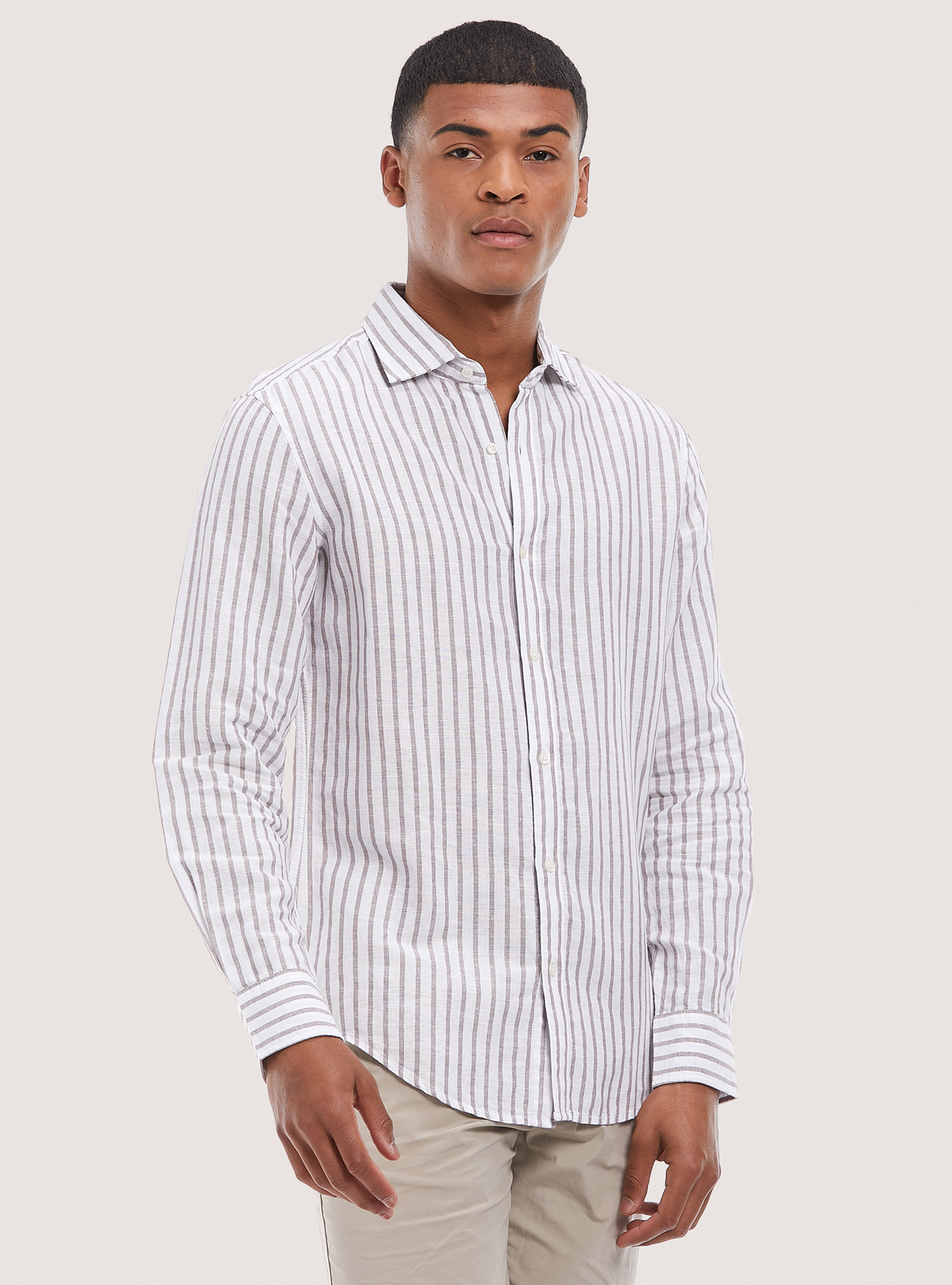 Camicia a righe in misto lino, MULTICOLORE