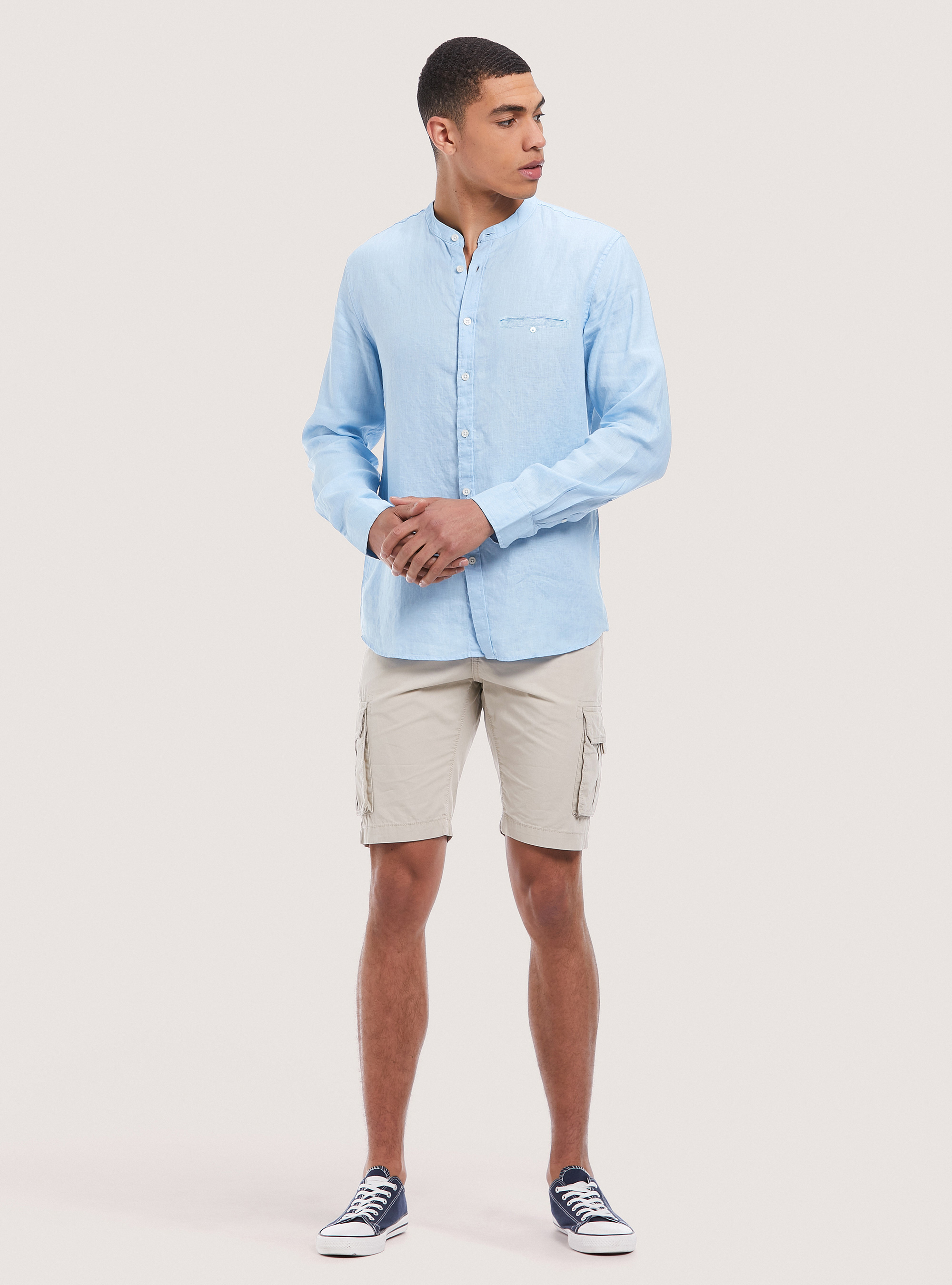 Camicia 100% lino collo coreano, AZ3 AZURE LIGHT