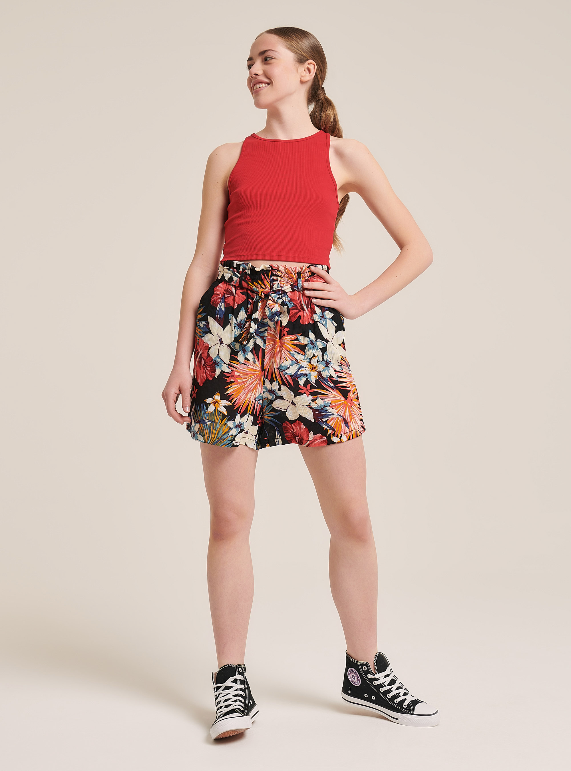 Crop top elastico a coste in cotone, C3376 RED