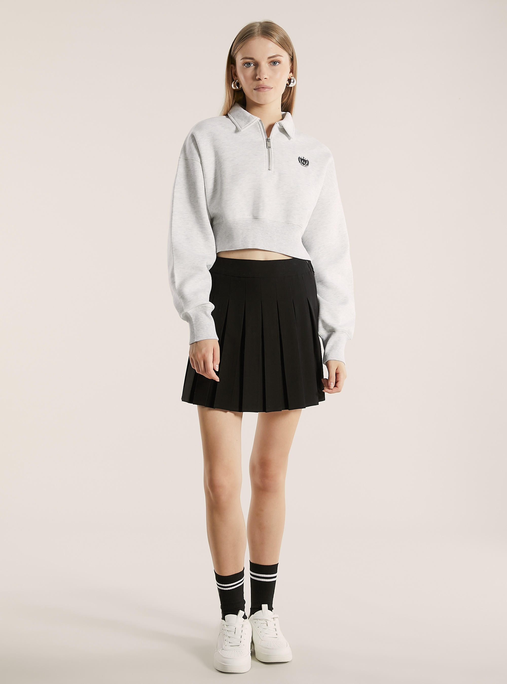 Felpa cropped con collo polo e zip, MGY3 GREY MEL LIGHT
