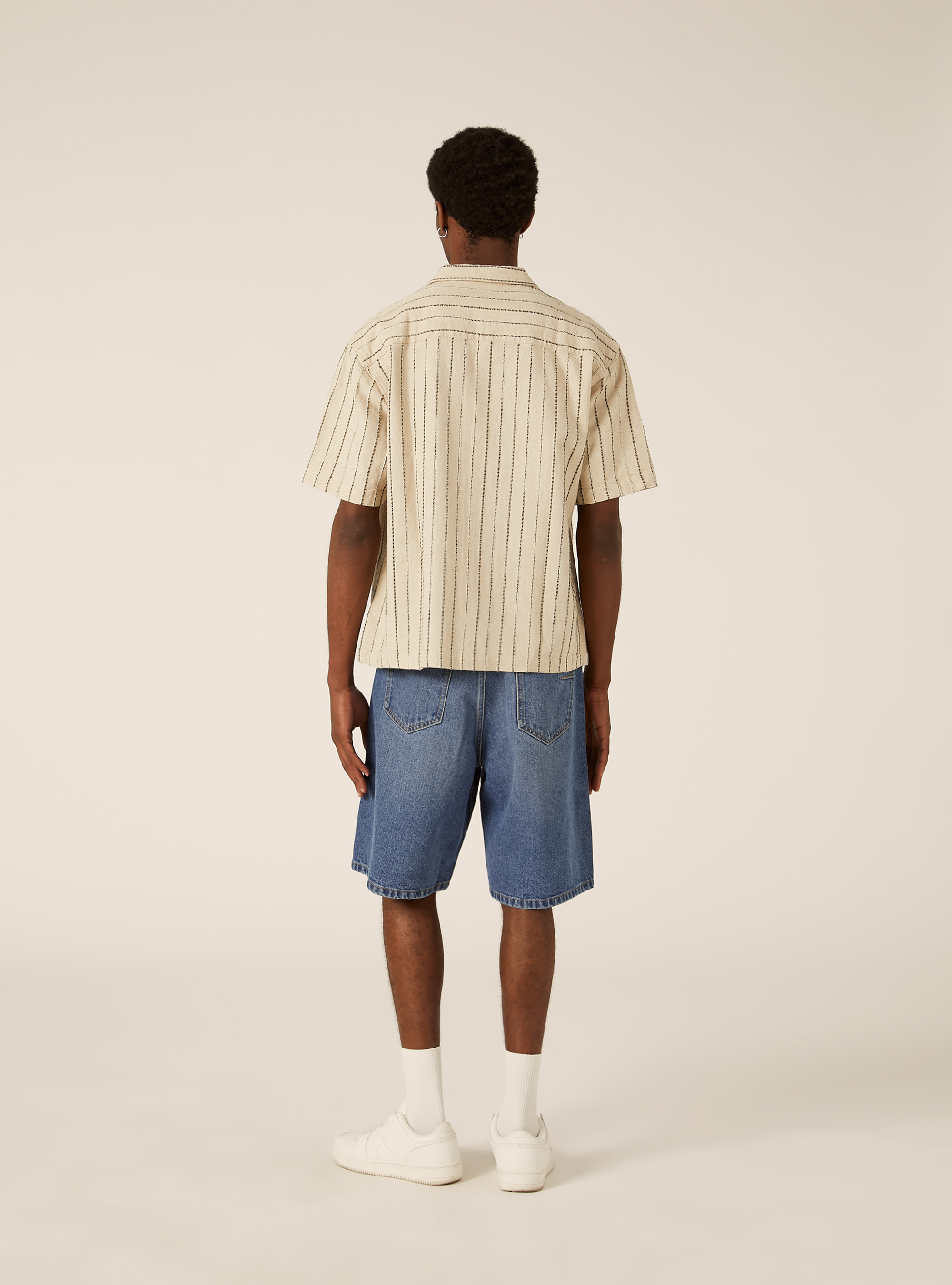 Camicia in misto lino rigata, BG3 BEIGE LIGHT