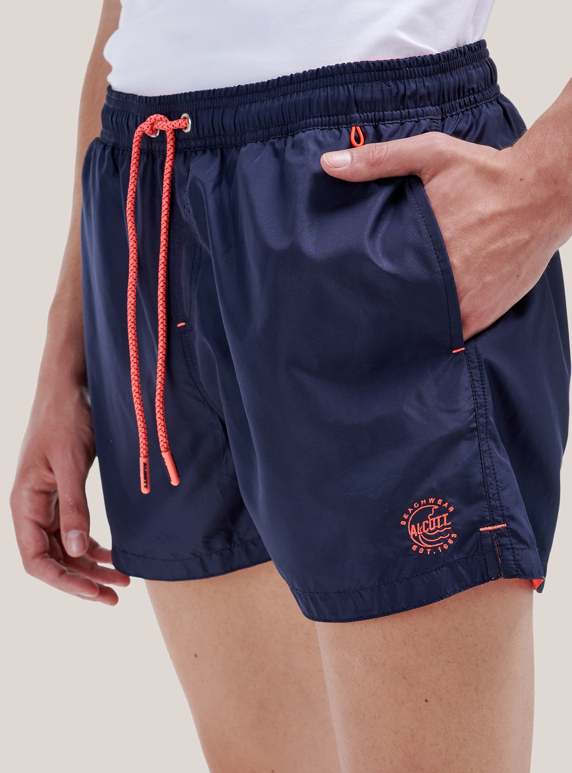 Color solid swimsuit with front embroidery and back pocket., BLUE NAVY