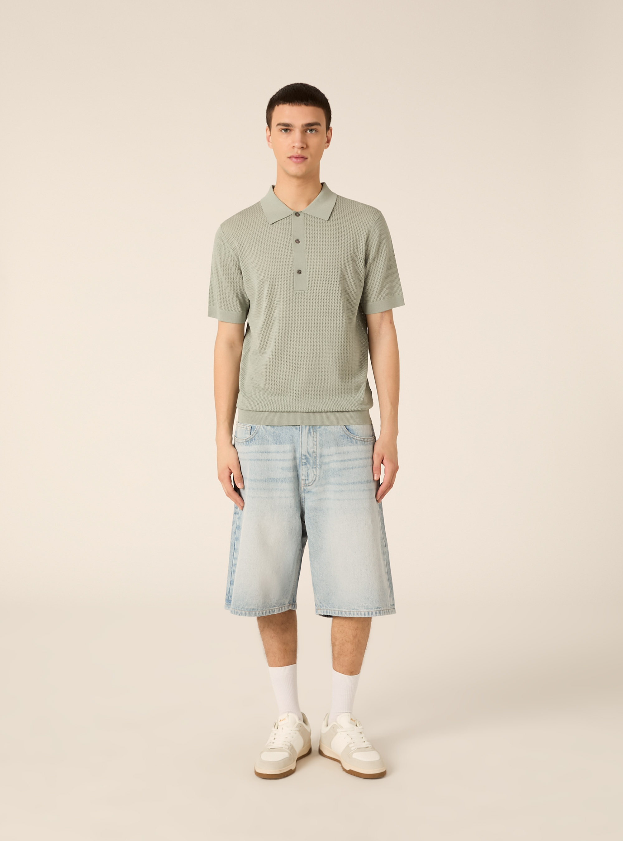 Maglia polo in crochet in misto viscosa, SG3 SAGE LIGHT