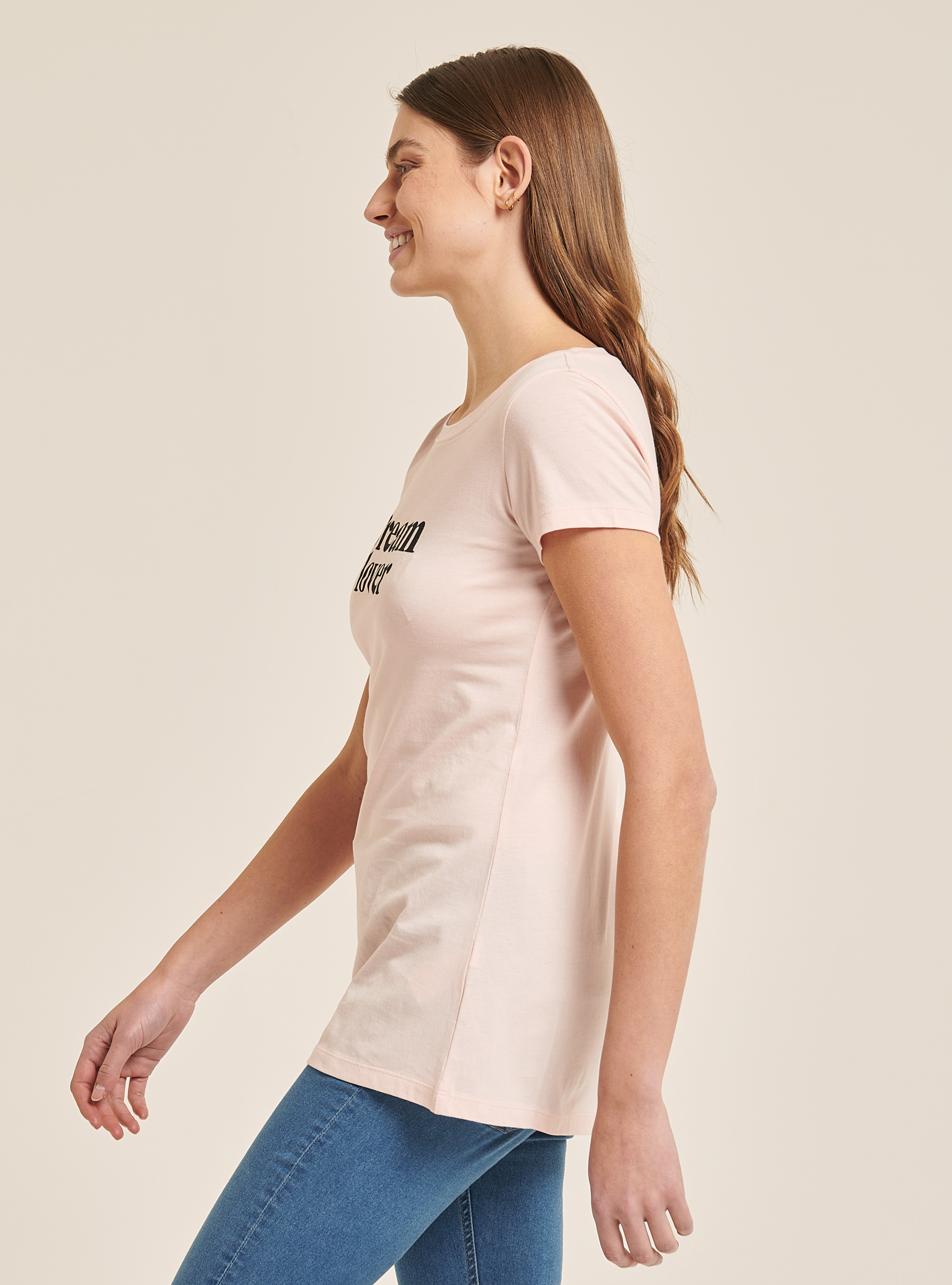 Cotton T-shirt with printed slogan, C4436 L.PINK