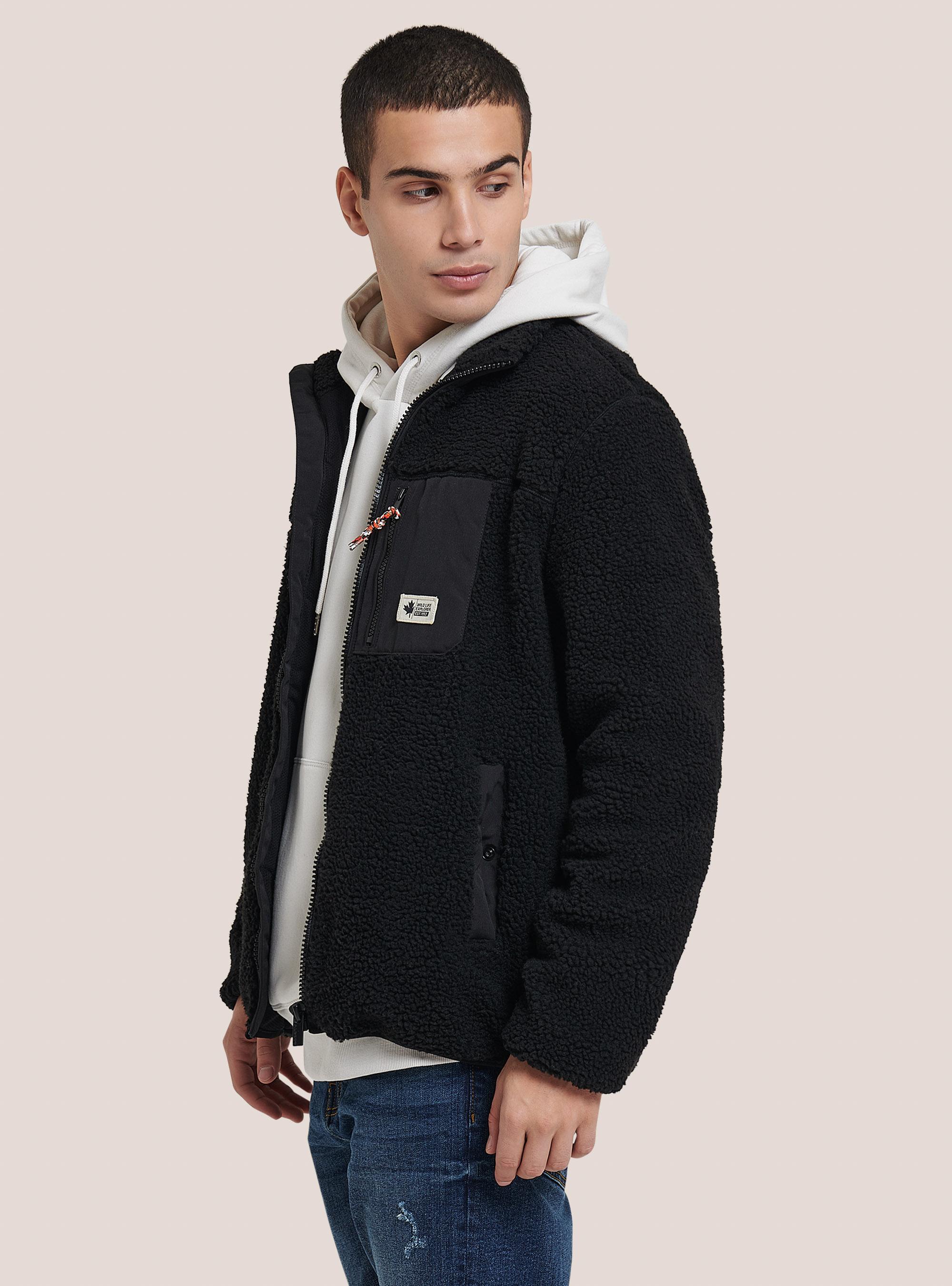 Patchwork teddy jacket, BLACK