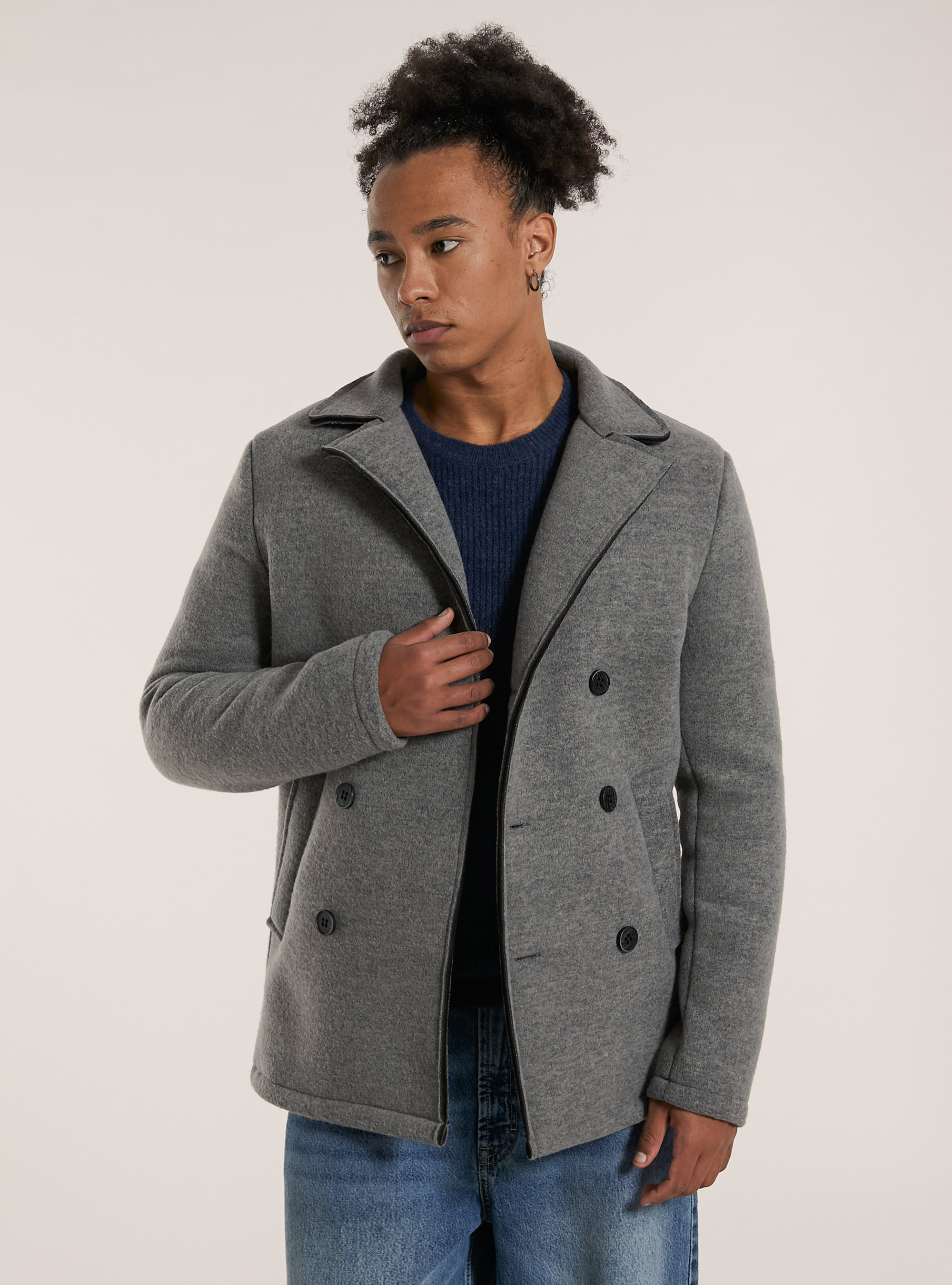 Cappotto doppiopetto con cappuccio trapuntato, MGY3 GREY MEL LIGHT