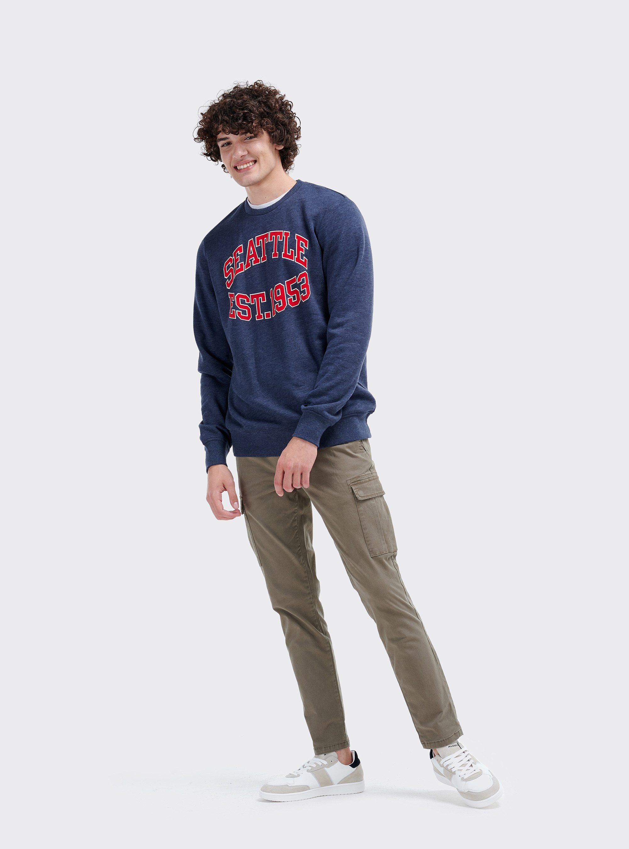 Sweat-shirt à col rond avec impression college, C222 BLUE