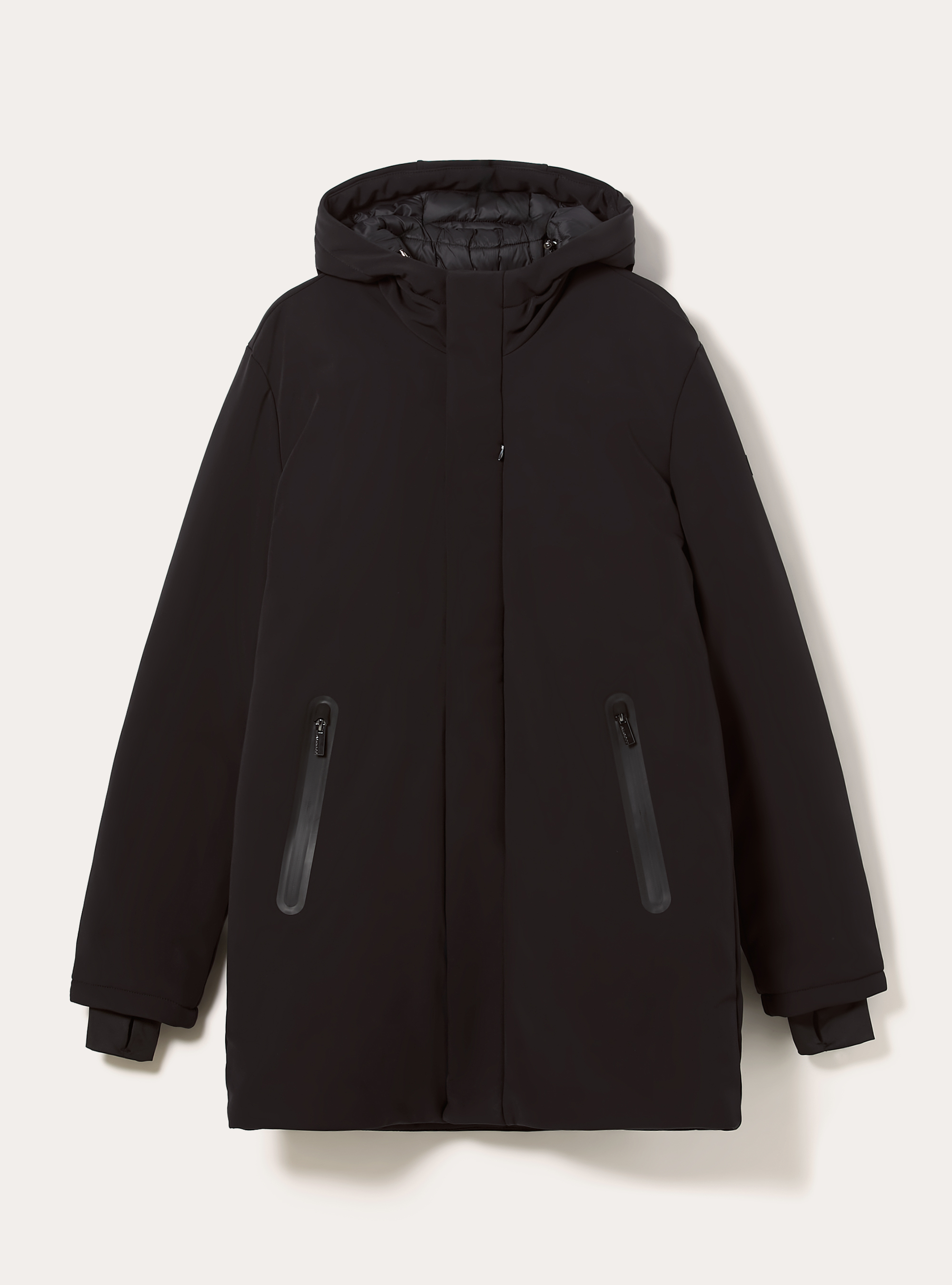 Giubbino con cappuccio e zip impermeabili lungo, BK1 BLACK