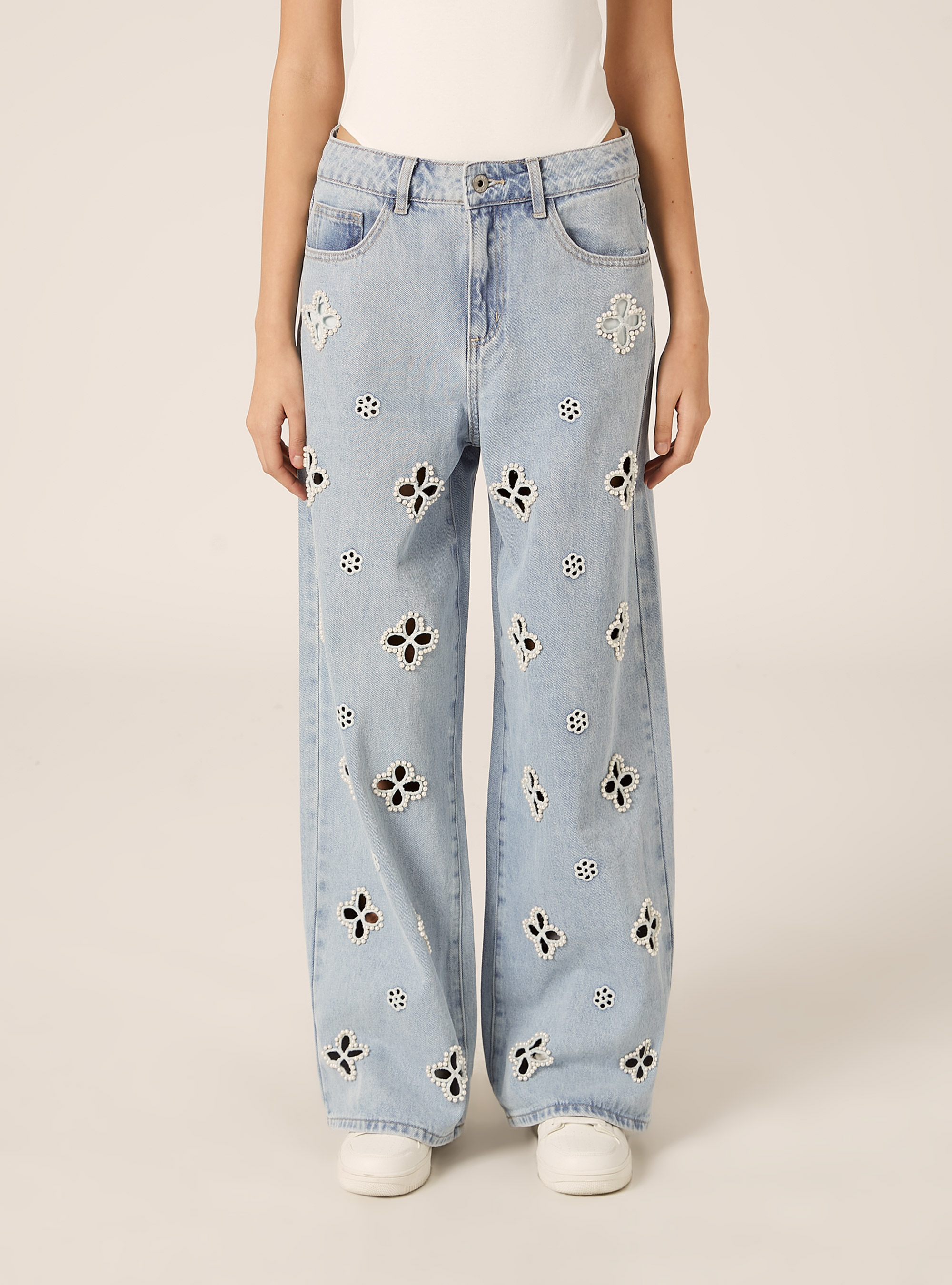 Jeans straight fiori perline effetto bucato, D006 AZURE