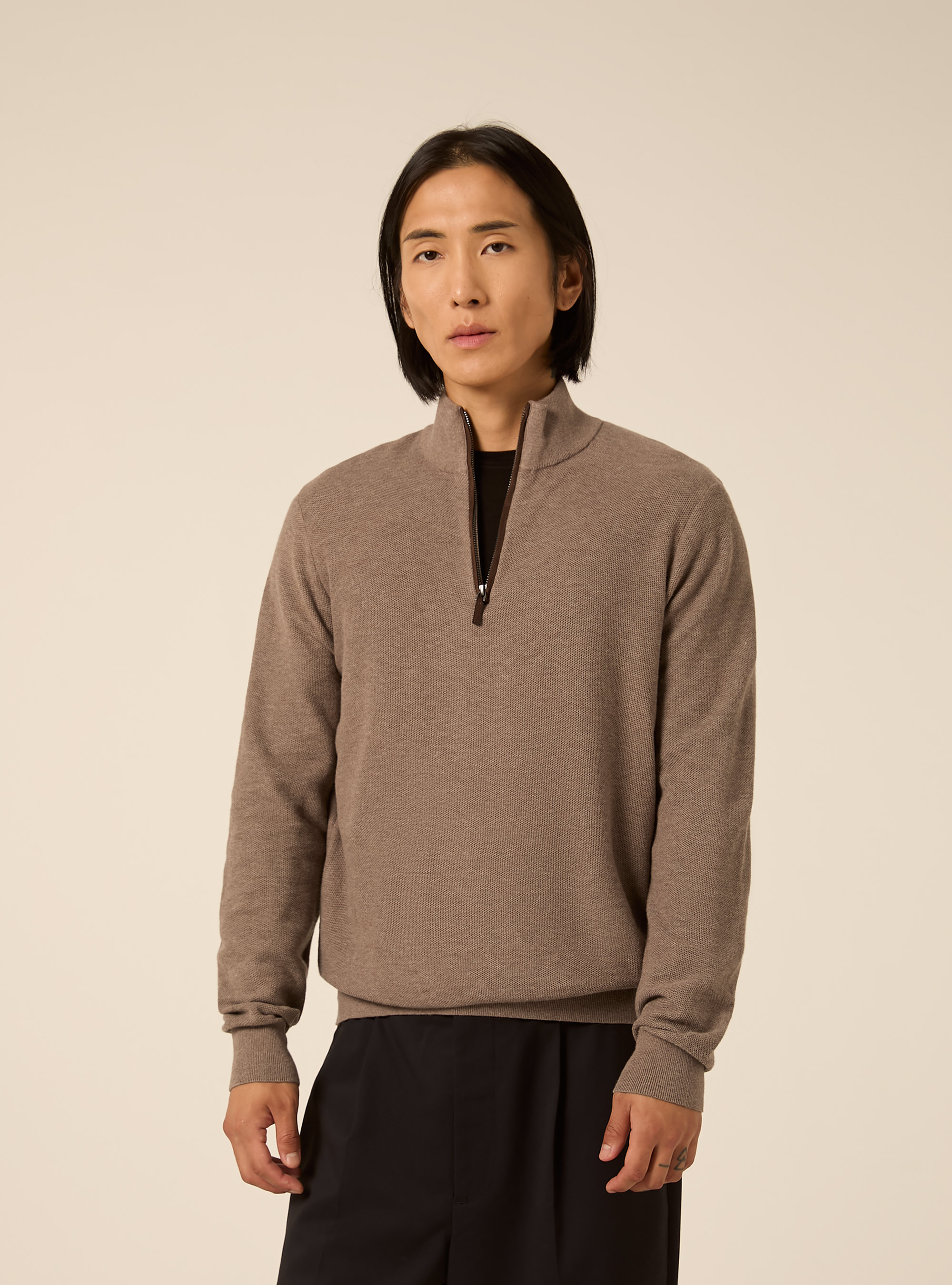Half zip pullover aus kaschmirmischung mit stehkragen, MTB2 TOBACCO MEL MED