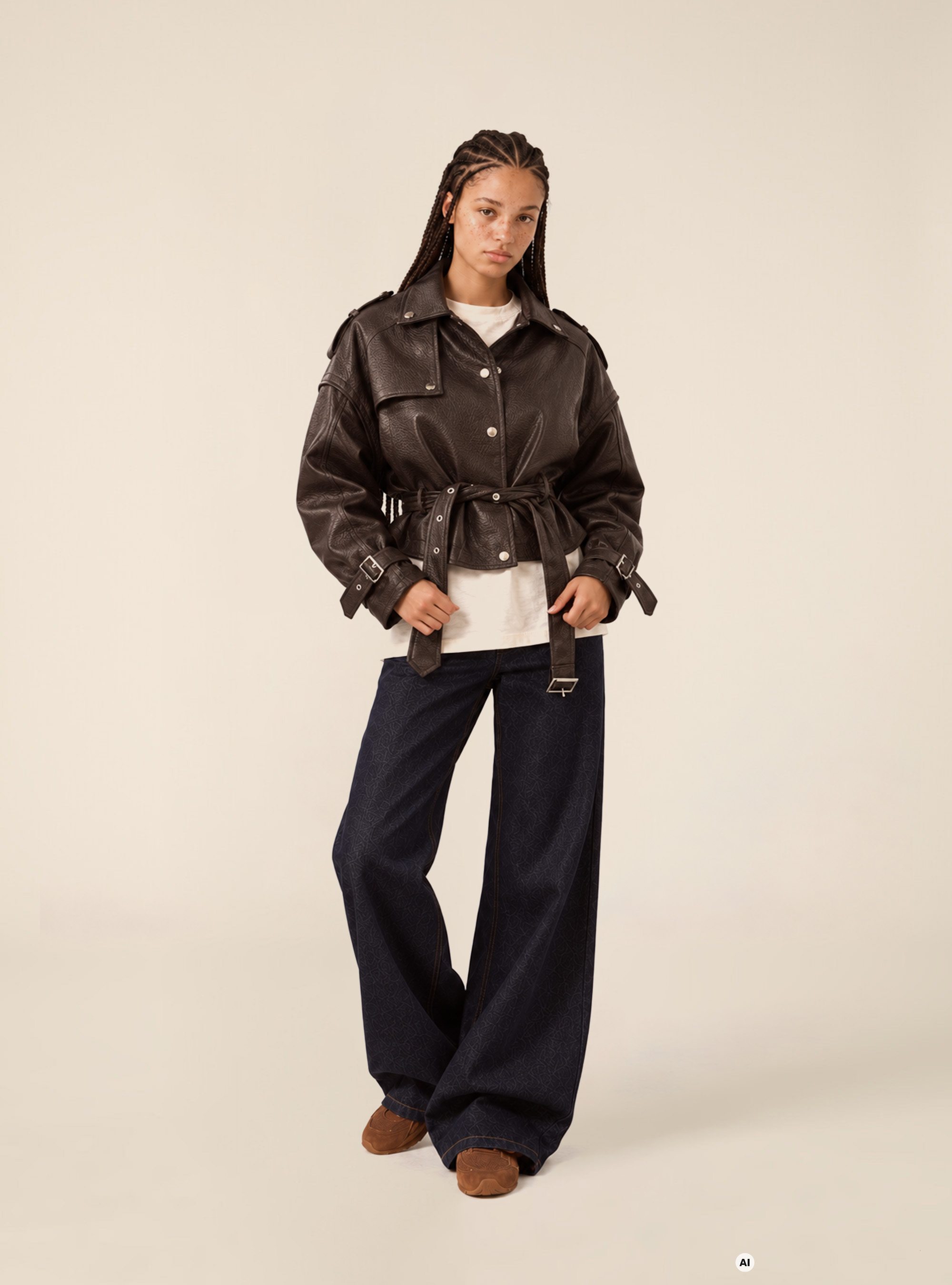Cropped faux leather trench jacket with belt, BR1 BROWN DARK