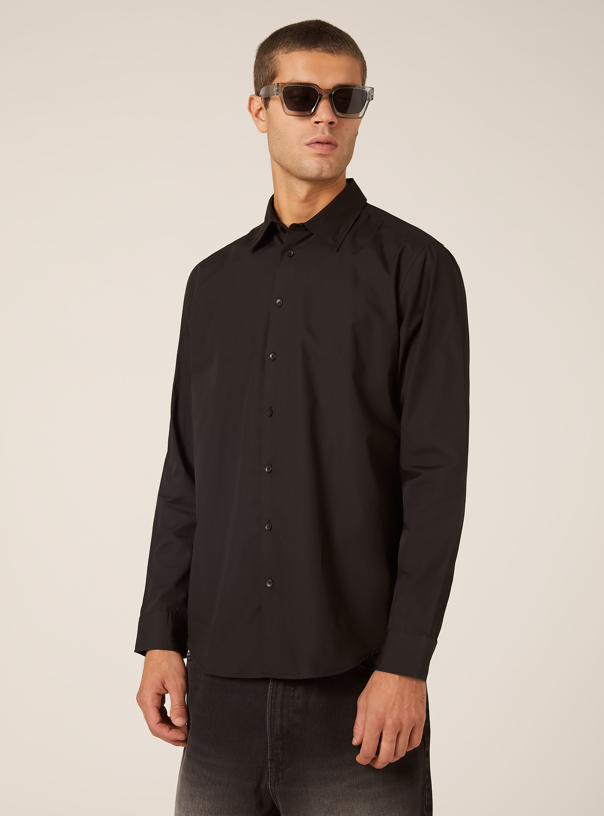 Camicia a manica lunga in tinta unita, BK1 BLACK