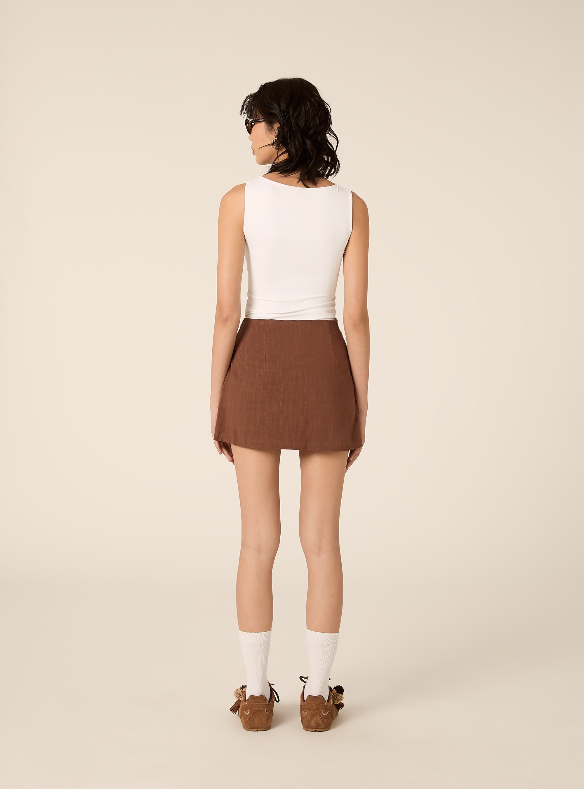 Skort in misto lino, BR3 BROWN LIGHT