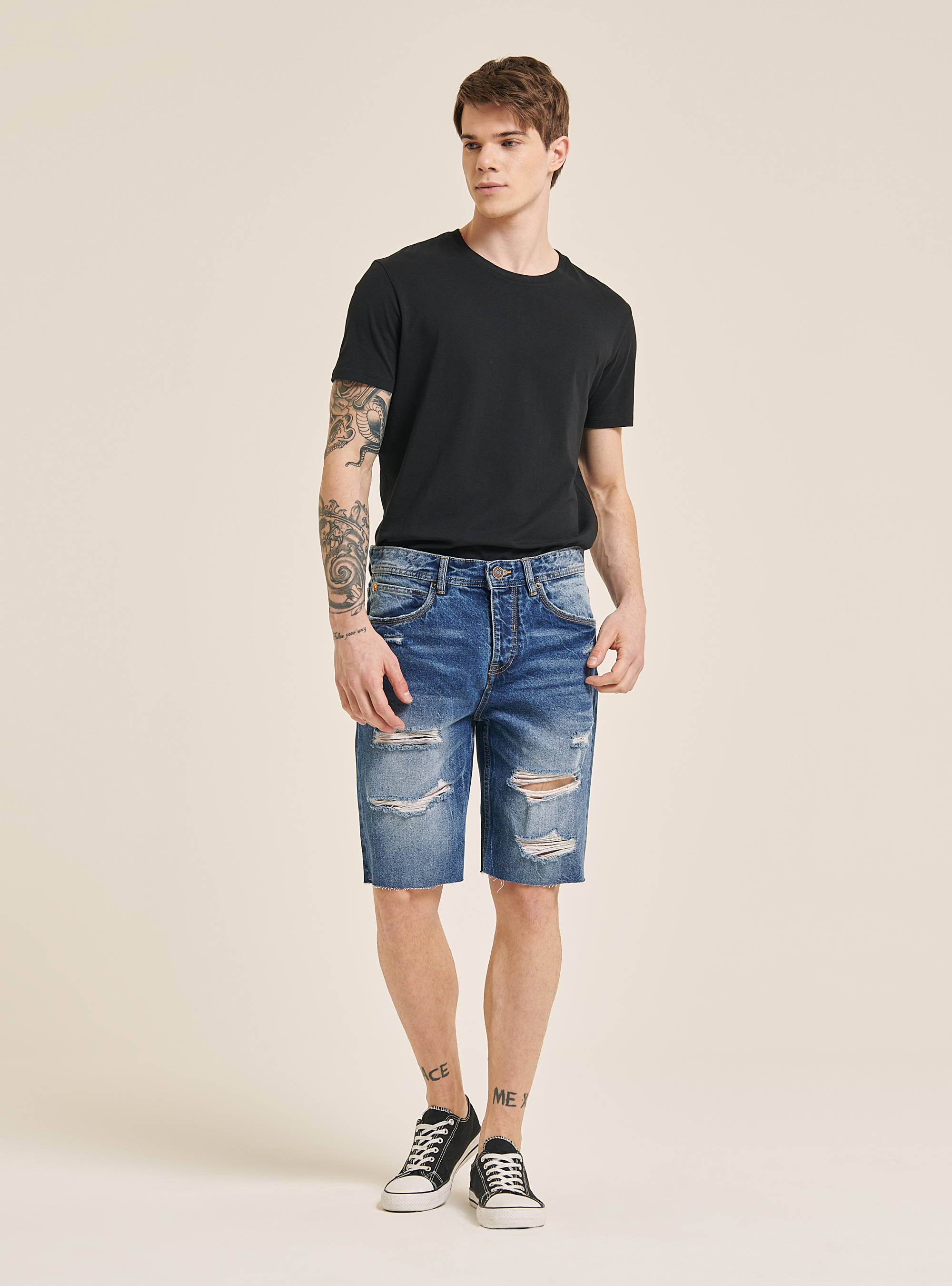 Denim bermuda shorts with rips, BLUE NAVY