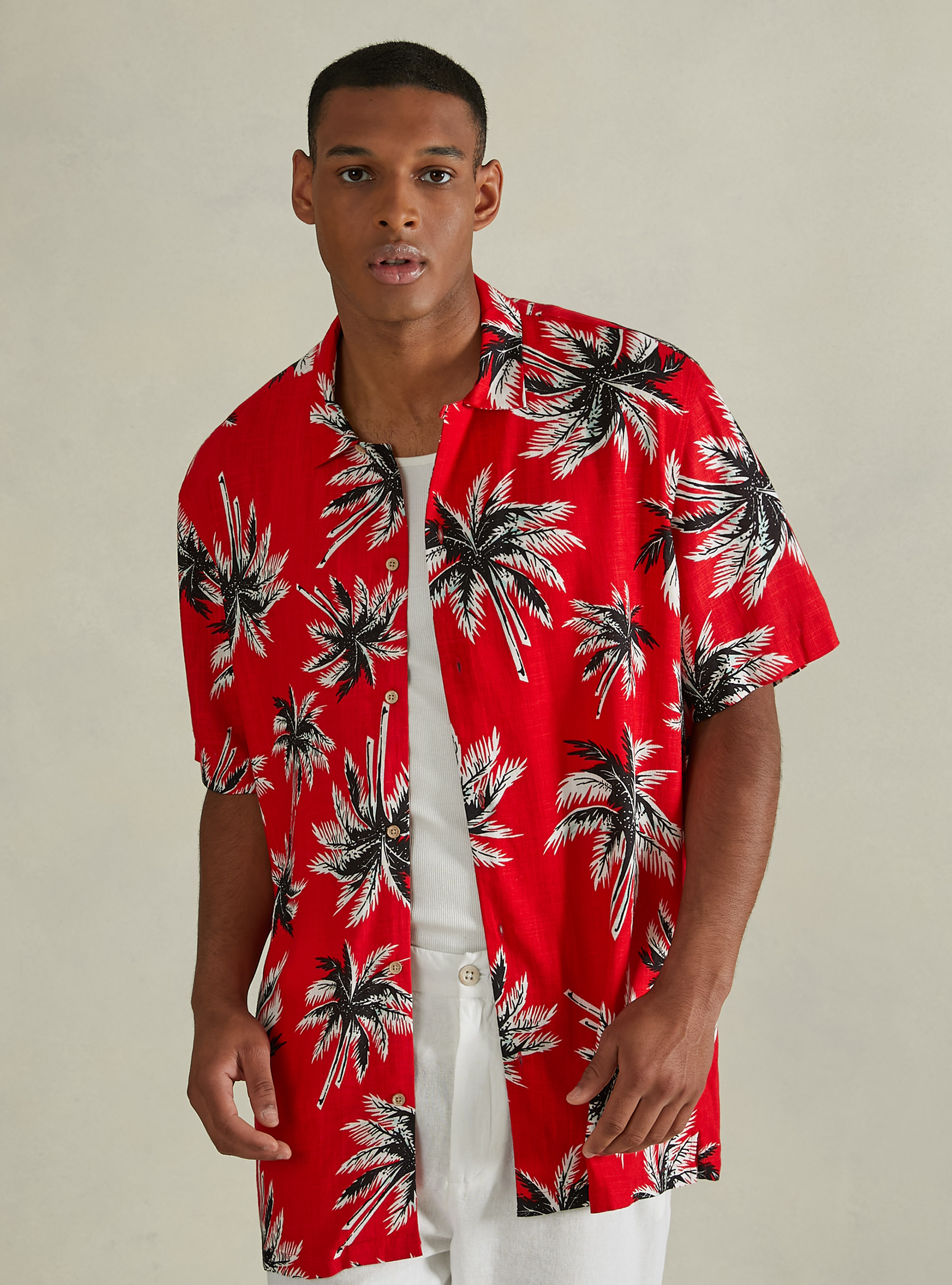 Linen blend shirt with tropical print, RD1 RED DARK