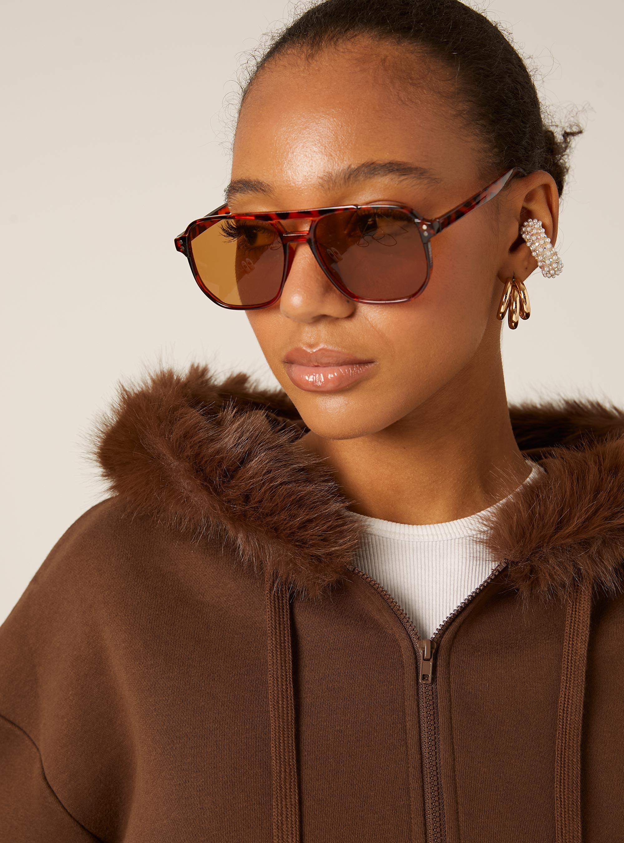 Sudadera corta con capucha de piel, BR2 BROWN MEDIUM