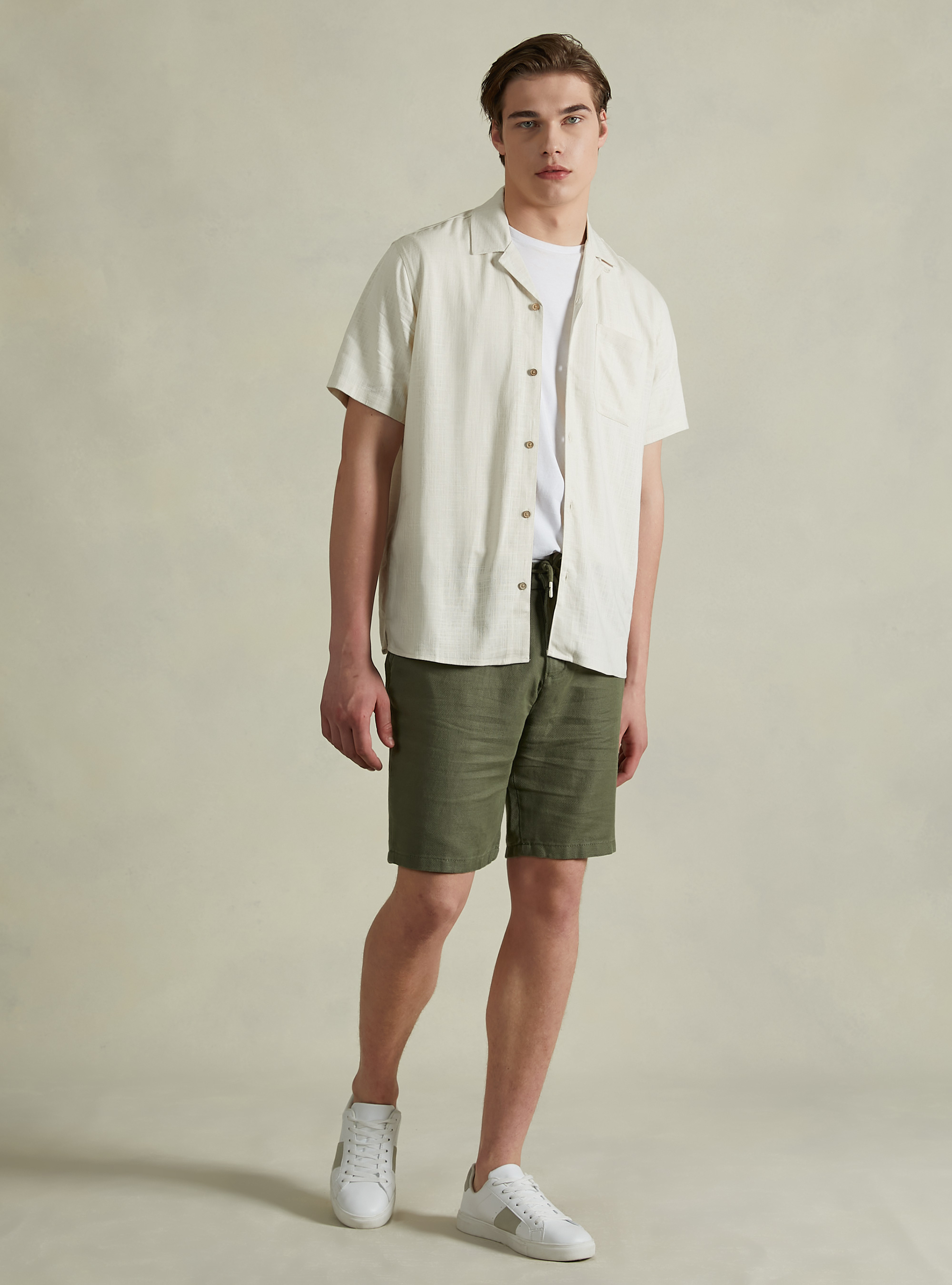 Linen blend shirt with bowling collar, BG3 BEIGE LIGHT