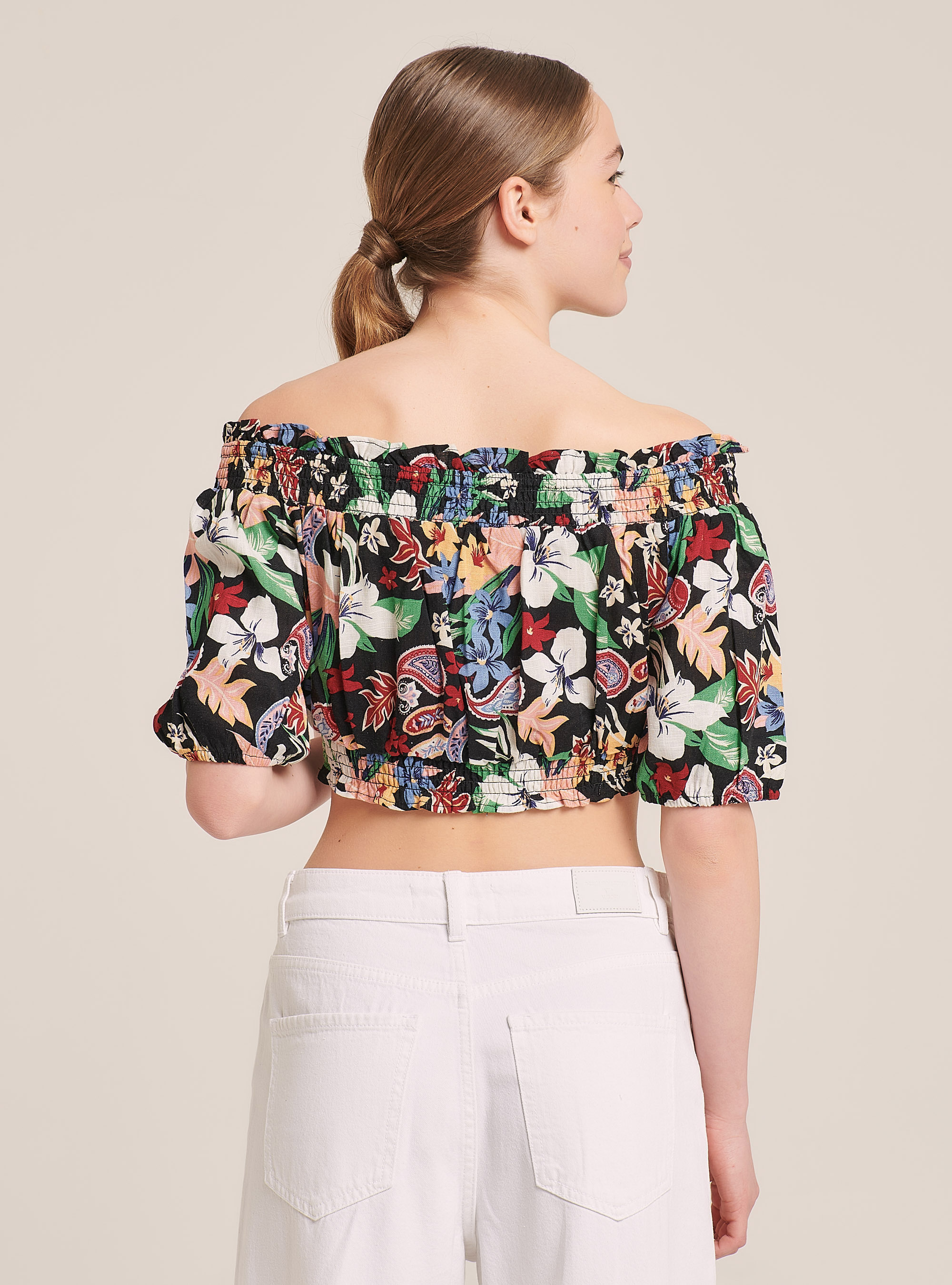 Blusa recortada con estampado tropical en mezcla de lino, MULTICOLORE