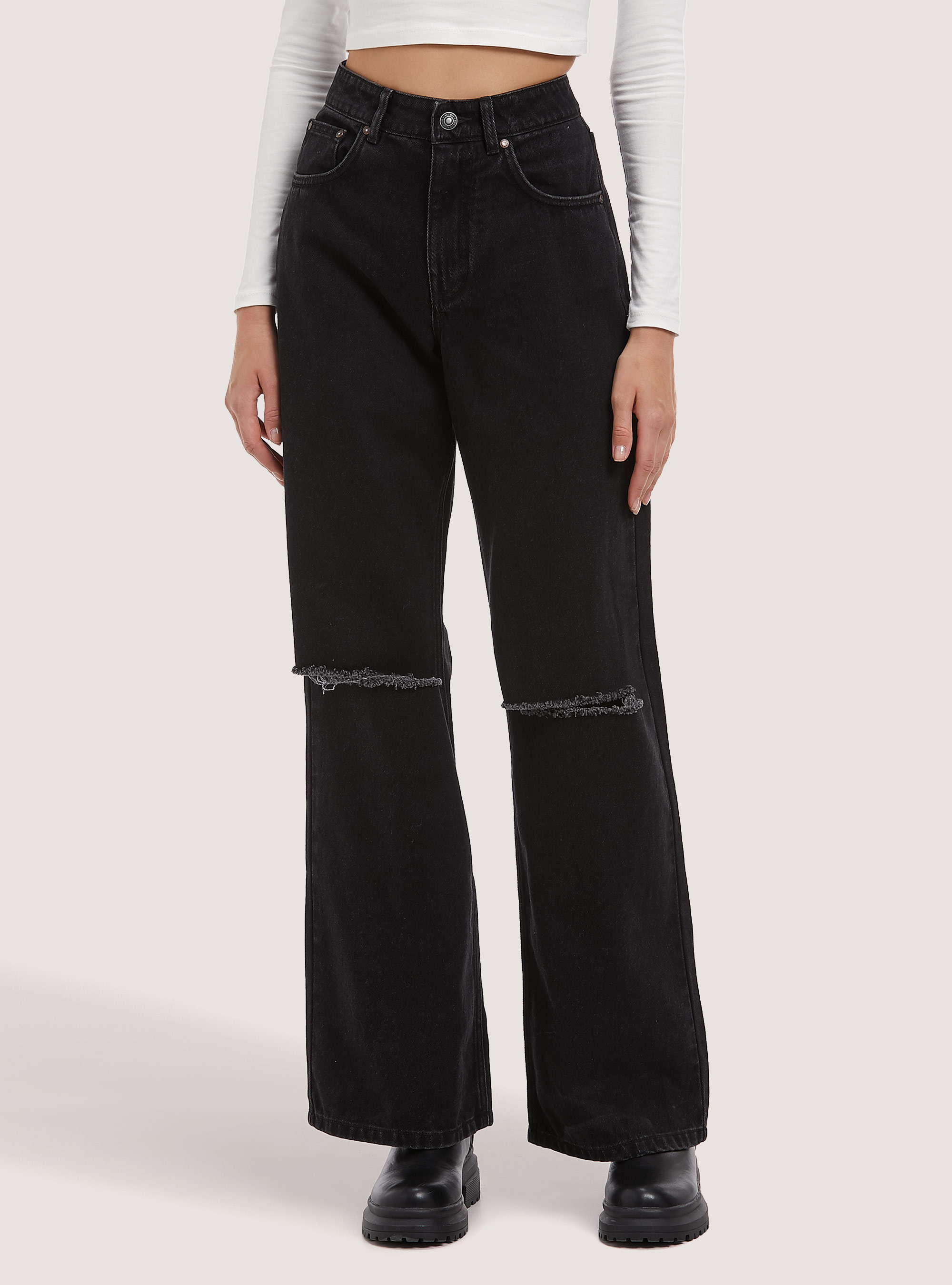 Cotton wide leg jeans, D000 BLACK