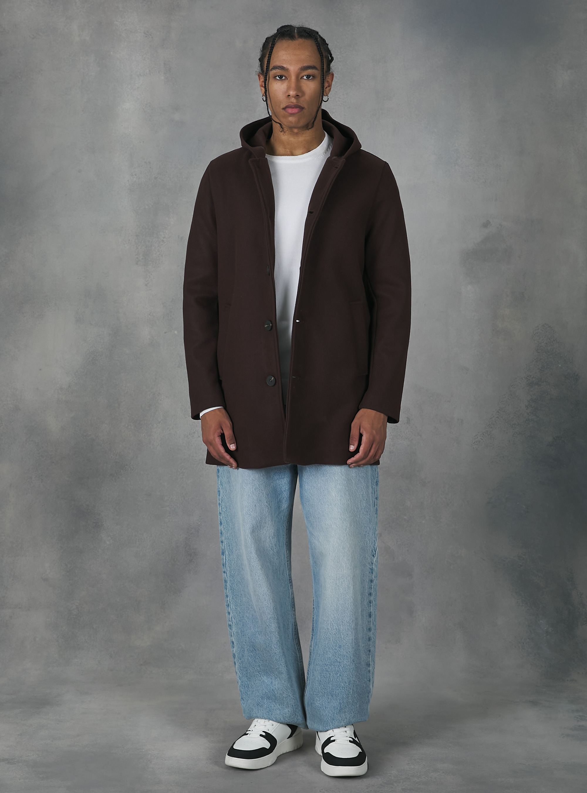 Hooded fabric coat, BR1 BROWN DARK