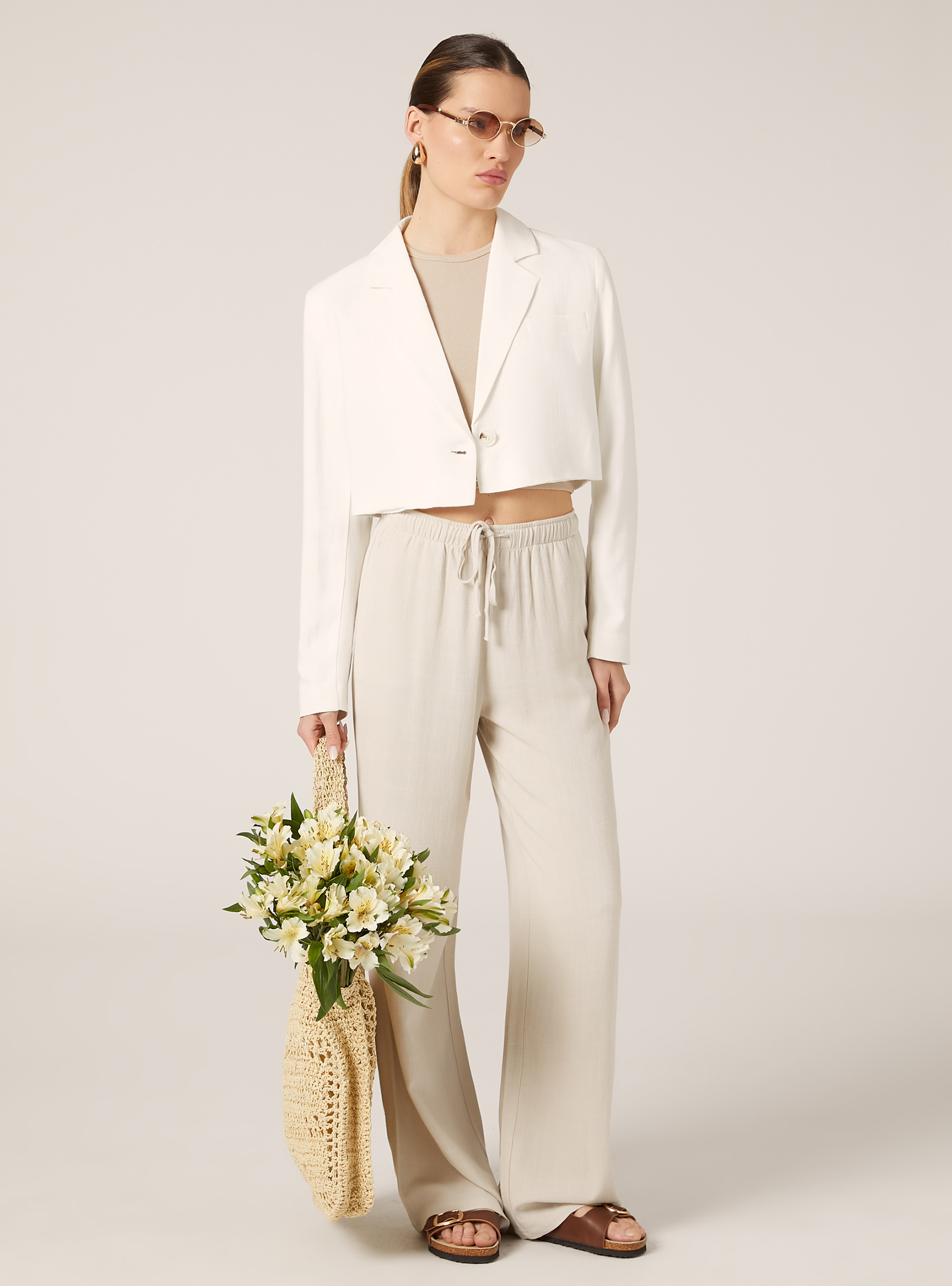 Blazer court en lin mélangé, WH2 WHITE