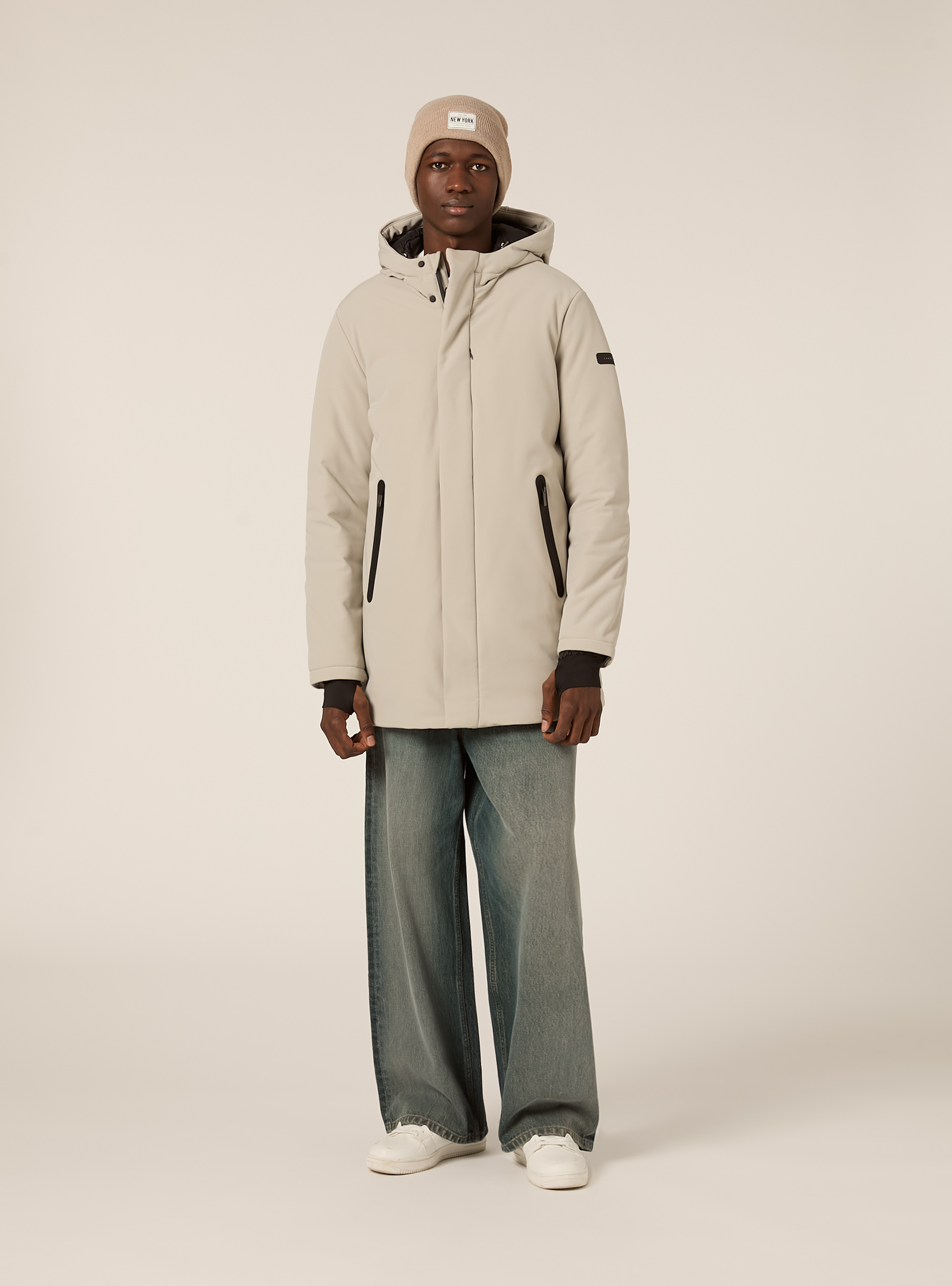 Giubbino con cappuccio e zip impermeabili lungo, CR3 CREAM LIGHT