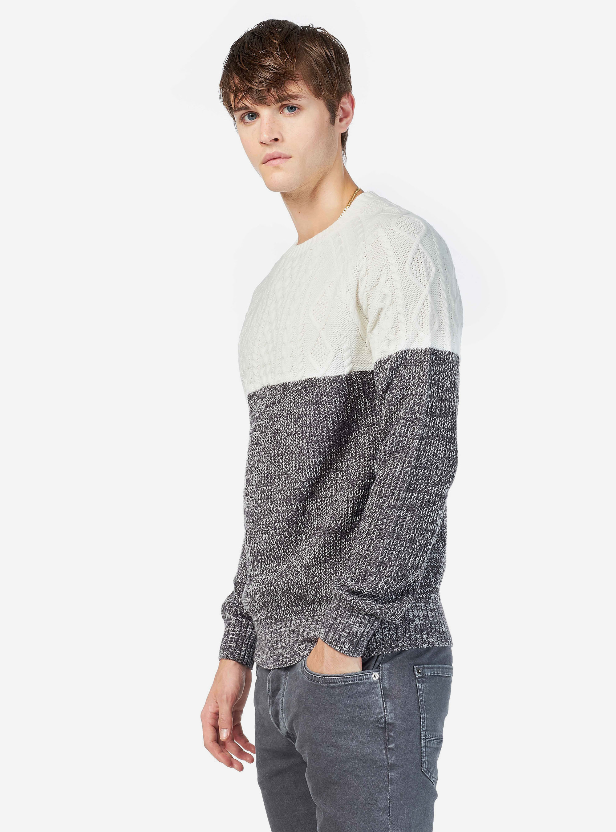 BRAIDED COLOR BLOCK PULLOVER, OFF-WHITE