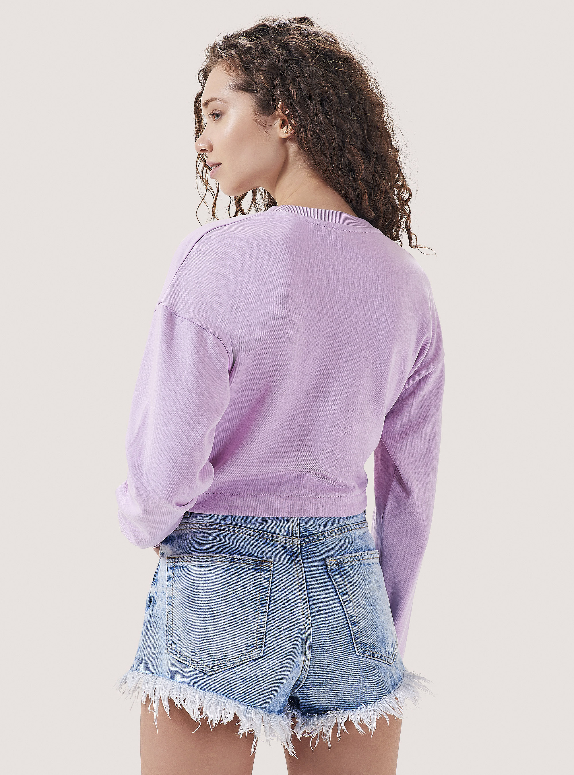 Cropped sweatshirt with print and drawstrings, C4546 LILLAC