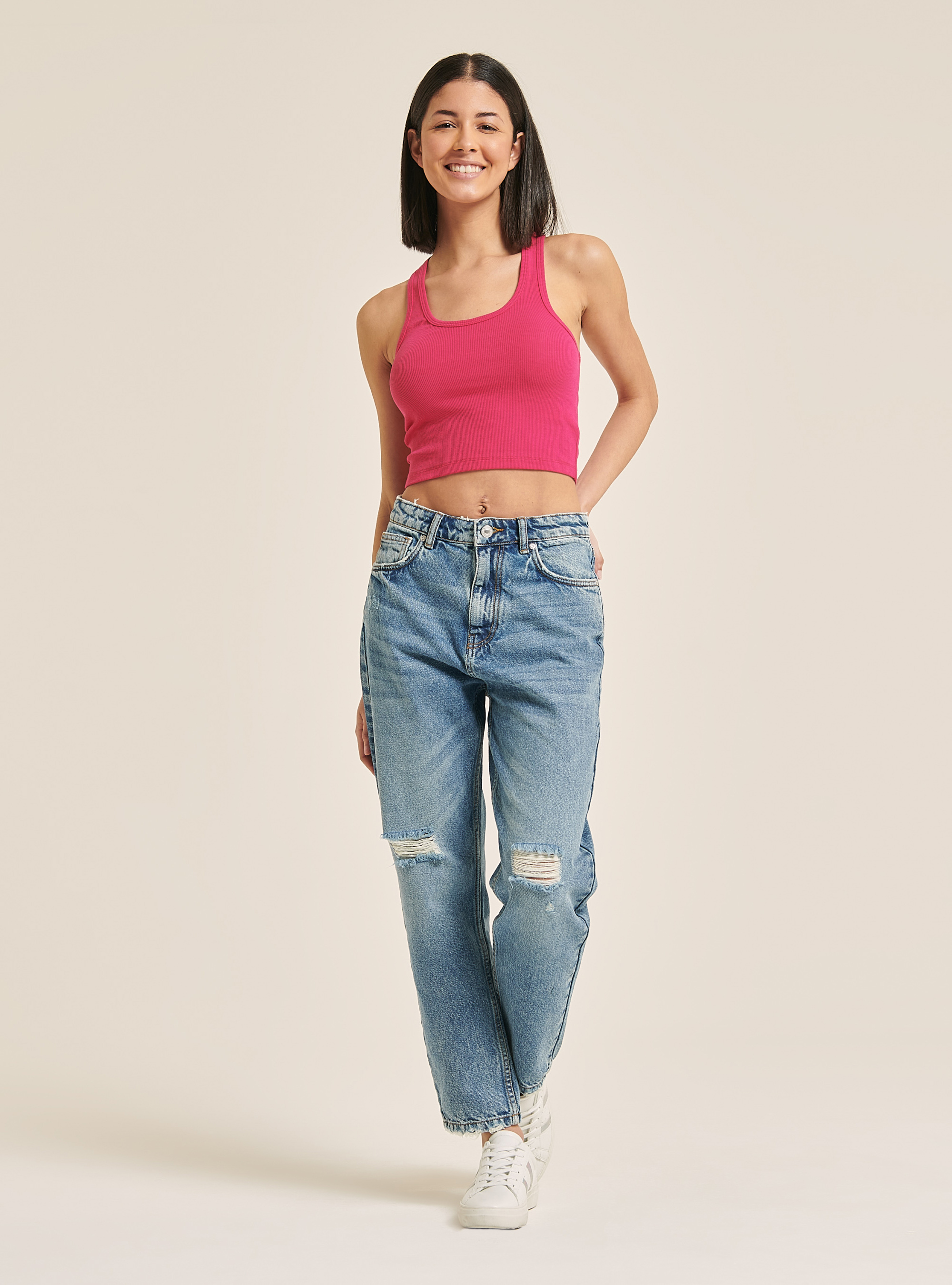 Cropped top a costina e scollo ad x sul retro, FUXIA