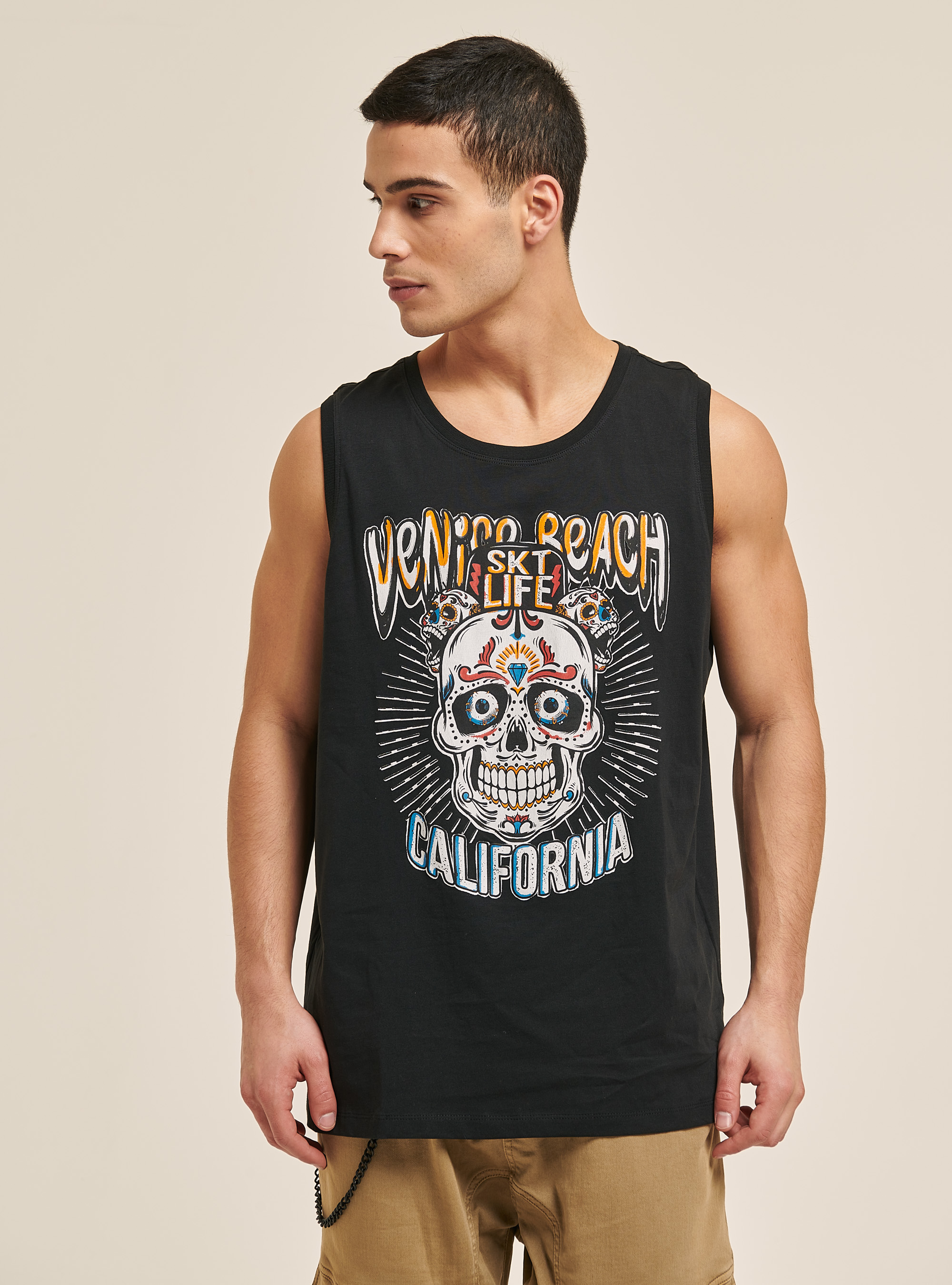 Cotton skull print tank top, BLACK