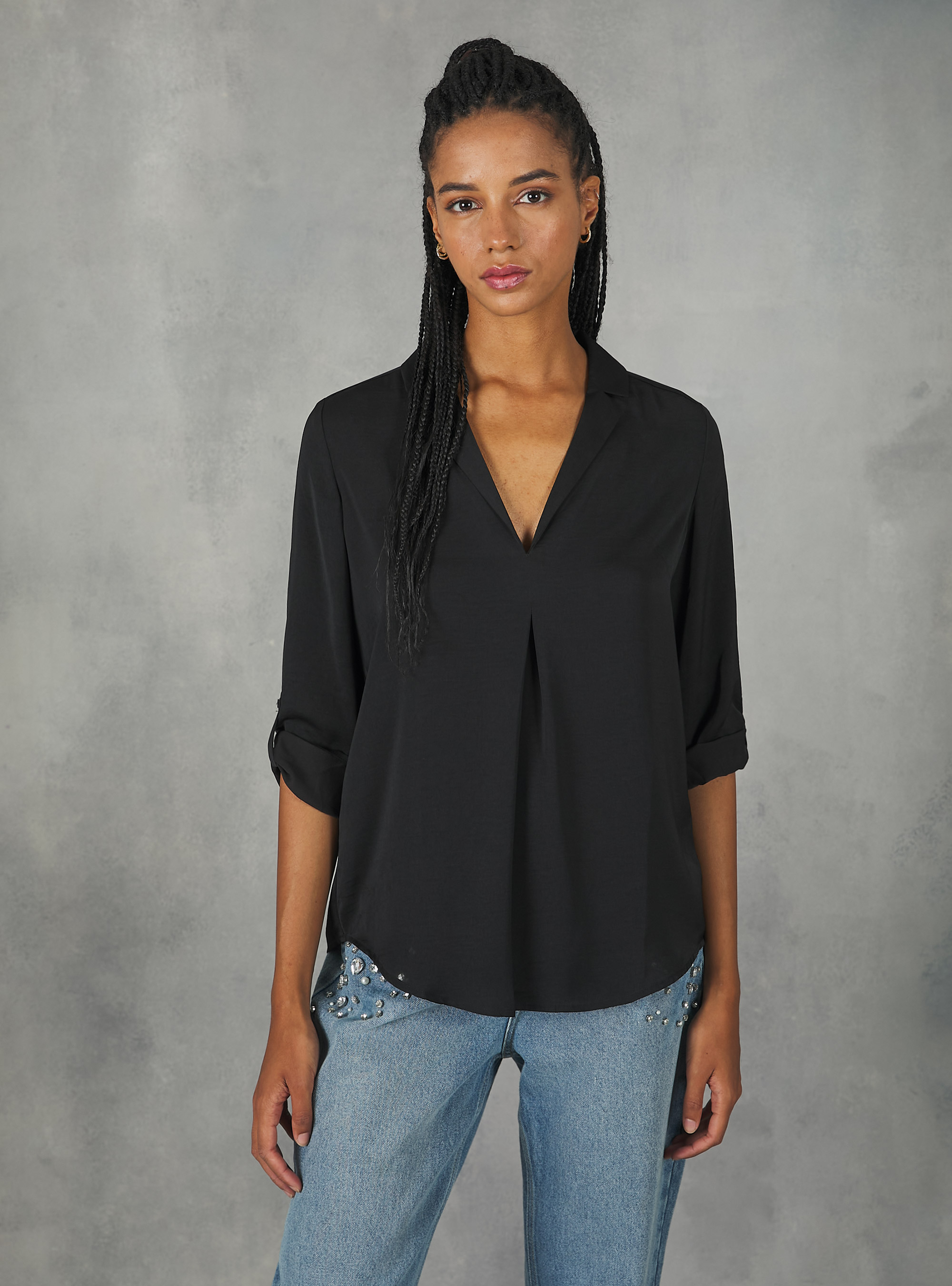 Plain-coloured blouse with lapel neckline, BK1 BLACK