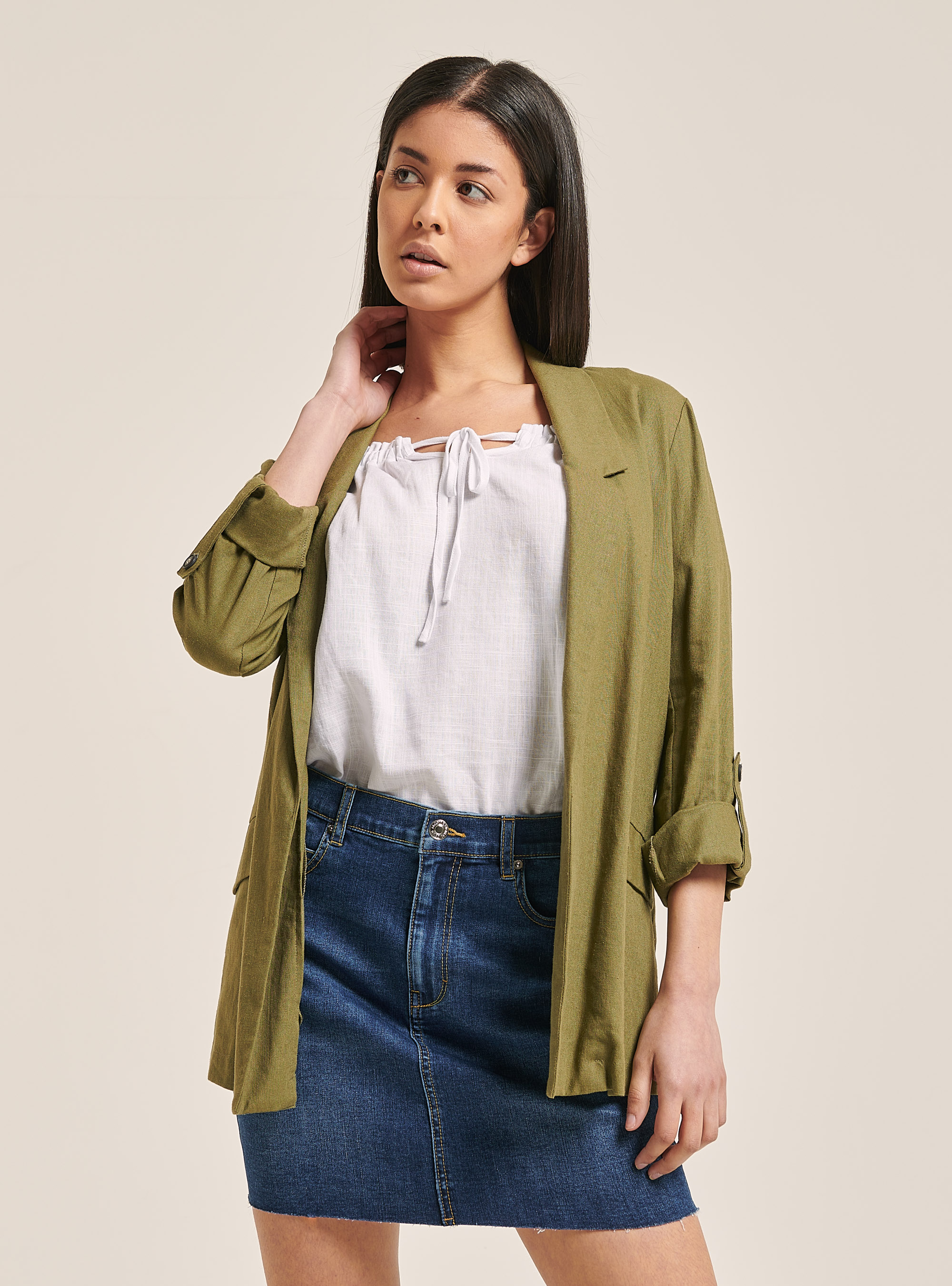 Plain Linen Blend Blazer, C6606 KAKY