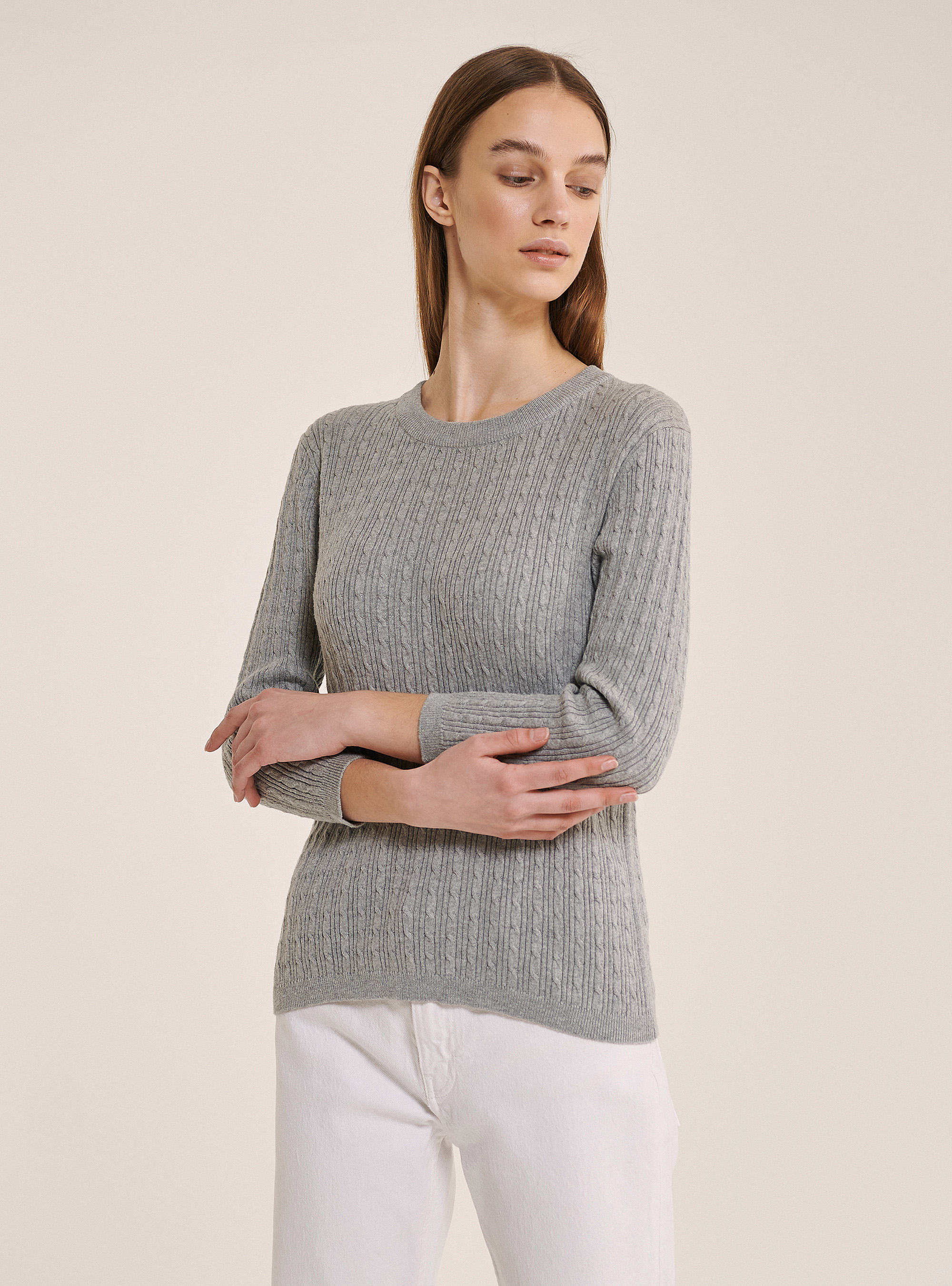 Jersey de cuello redondo con tejido de ochos, GRIS CLARO MELANGE