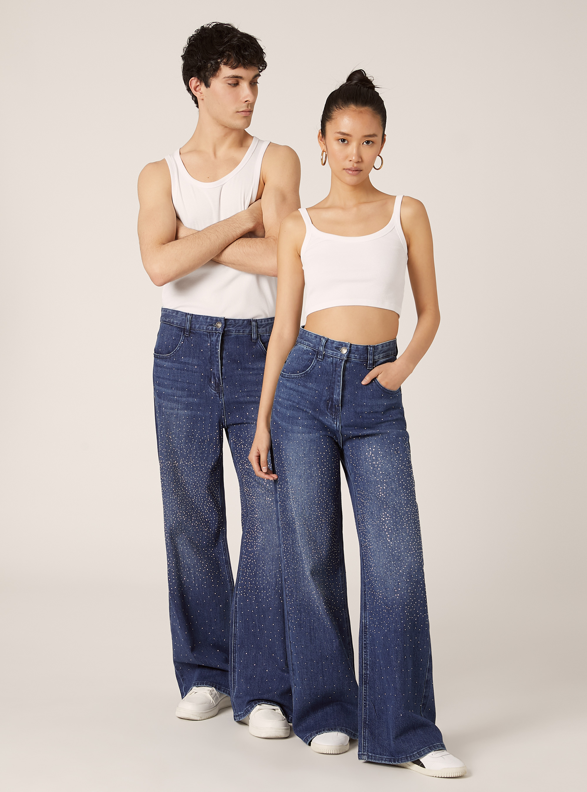 Jeans straight high rise con strass, D003 MEDIUM BLUE