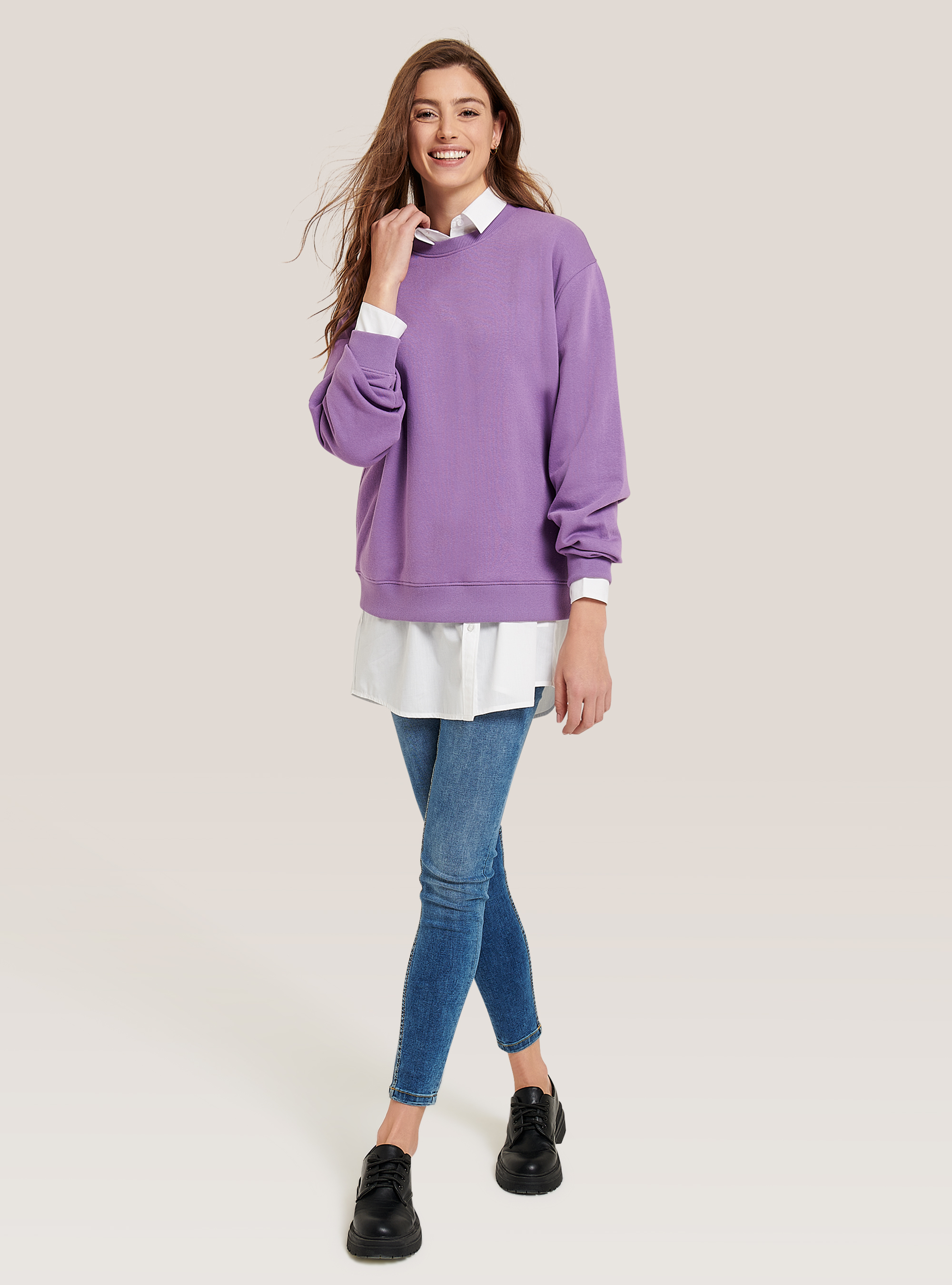 Basic round-neck cotton sweatshirt, C4416 VIOLET