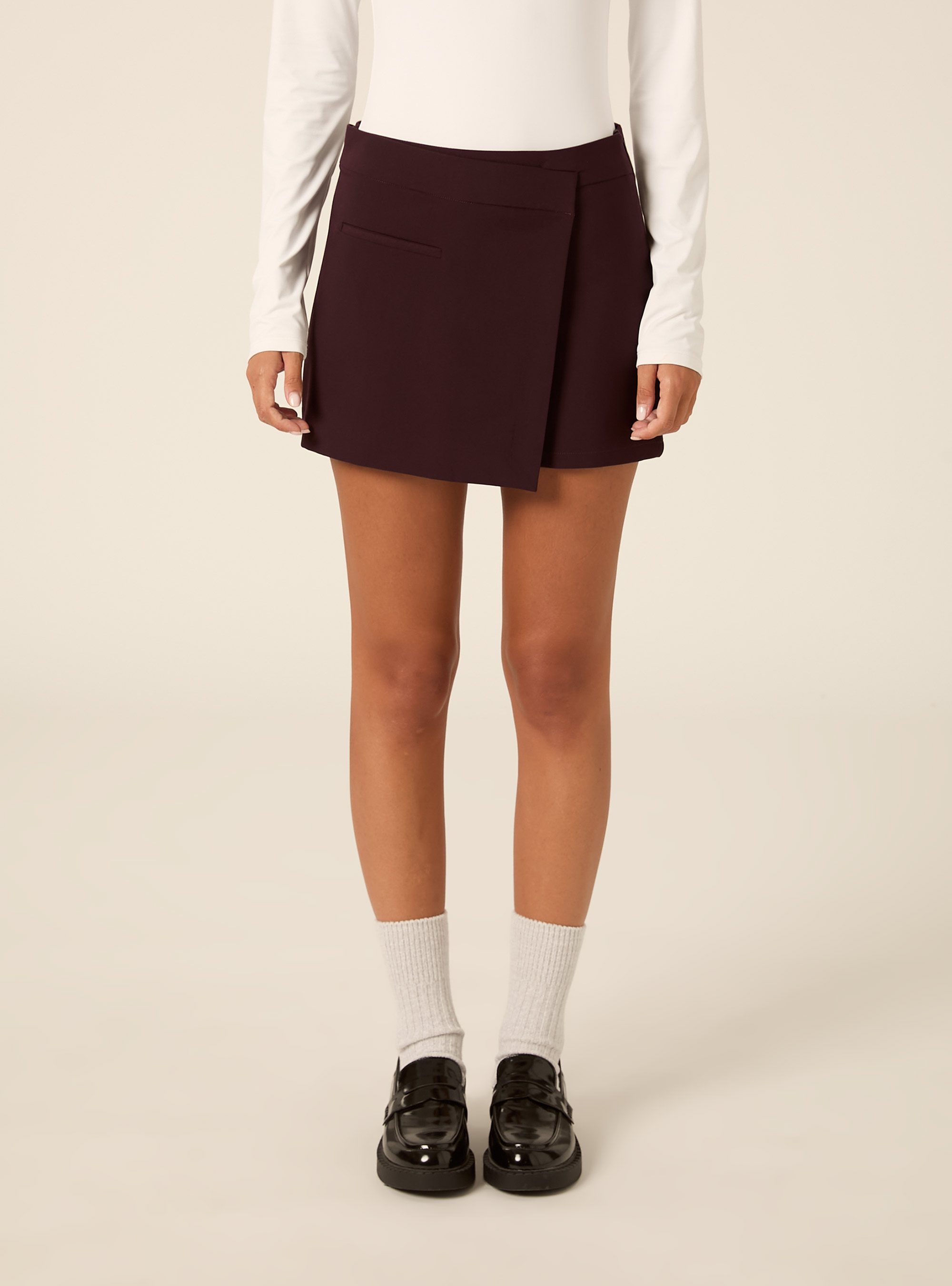 High waist wrap front tailored skort, BO1 BORDEAUX DARK